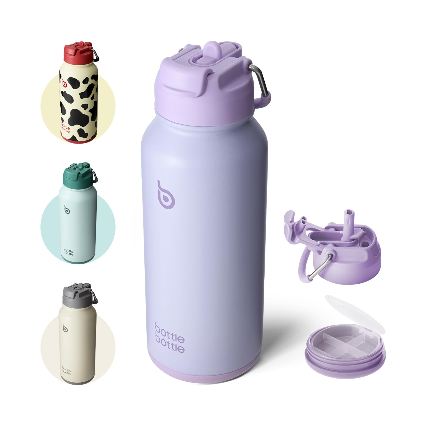 BOTTLE BOTTLE Insulated Water Bottle 950ml(32oz) Stainless Steel Sports Water Bottles with Straw Dual-use Lid Drink Flask Design for Gym with Pill Box (Light Purple)
