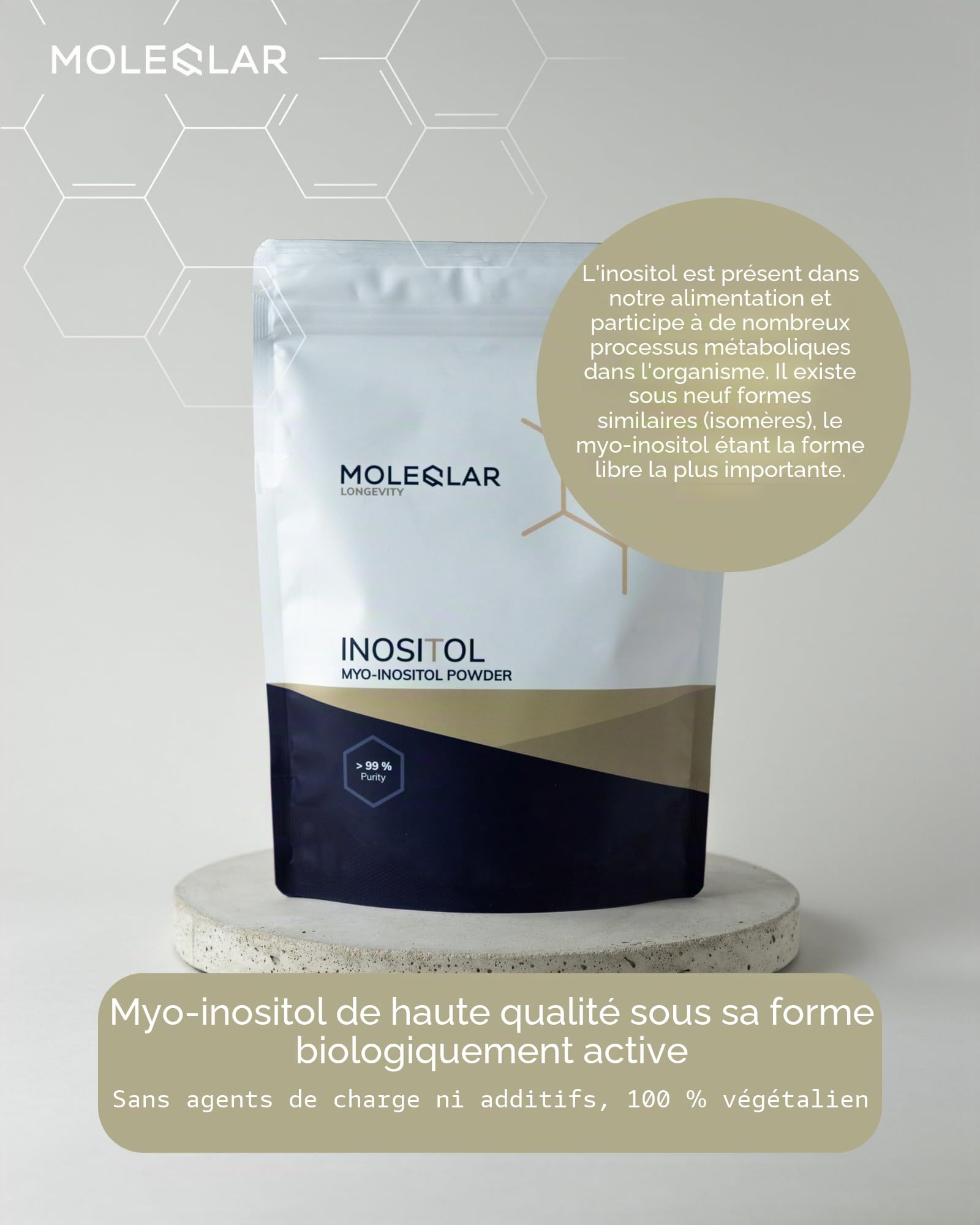 MoleQlar Myo-Inositol Poudre 300 g, Complément Alimentaire 5 g d'Inositol par Dose, Texture Fine Facile à Mélanger ou Mettre en Gélules, Usage Quotidien Pratique et Simple, 60 Capsules à Consommer