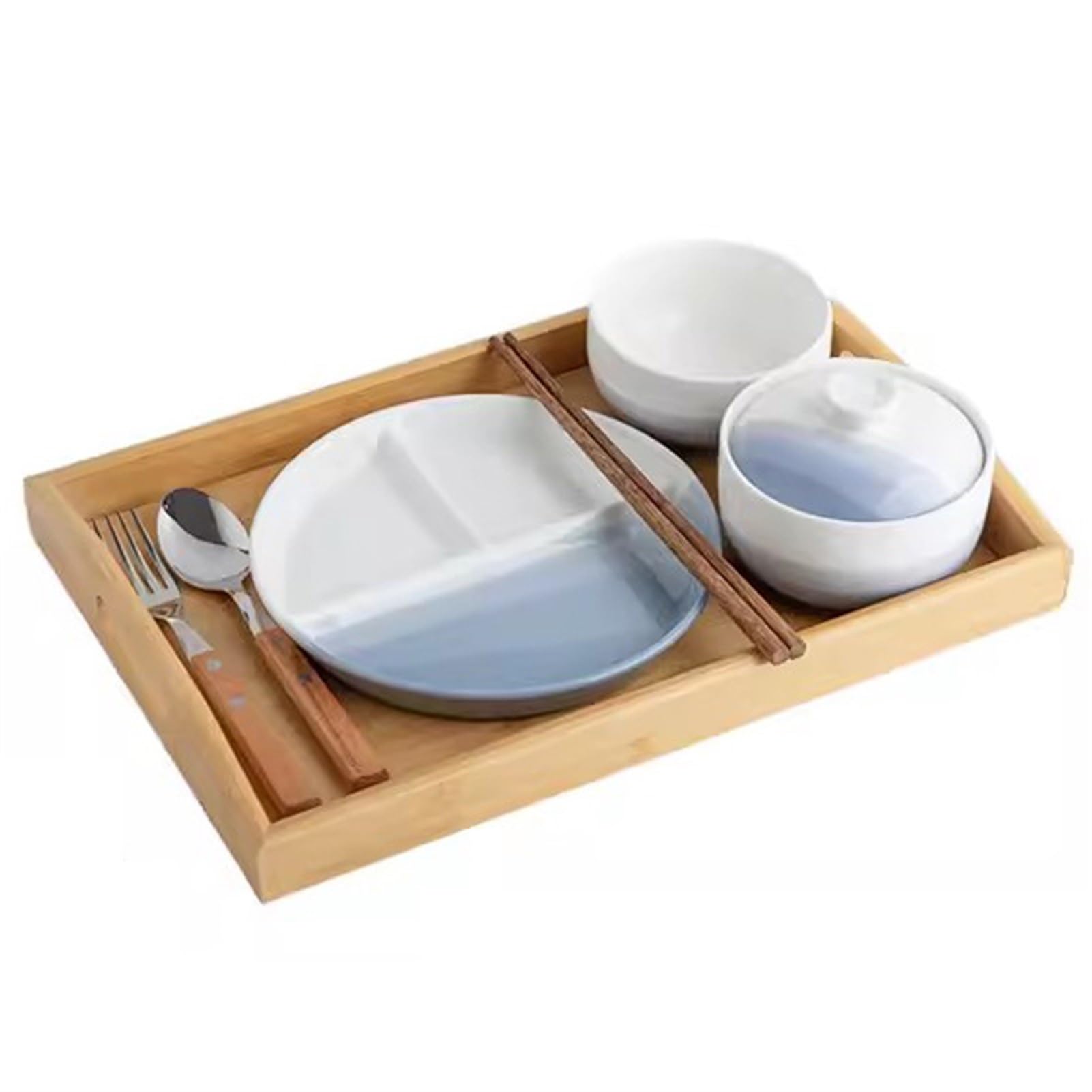 8'' Divided Plate Pasta Bowls, Japanese Style Dinnerware with Plate/Bowl/Spoon/Bamboo Tray etc. Ceramic Salad Serving Bowls Set of 7 for Kitchen Service For 1