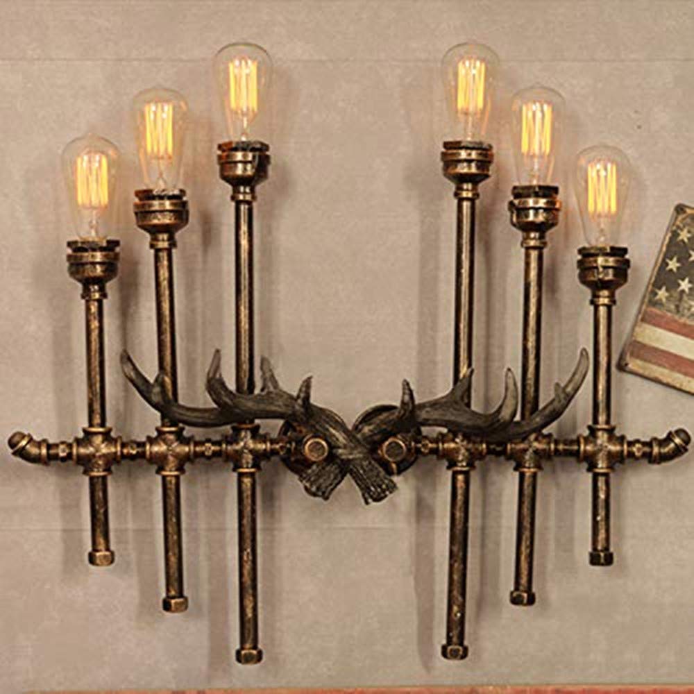 Ruanpu Wall Light Fixture Industrial 29" Width 6 Lights Pipe Wall Sconce with Rustic Arm in Open Bulb Style,Brass