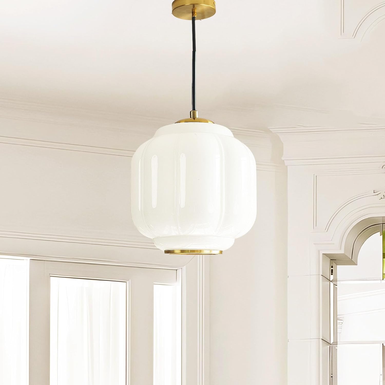 Vintage Milk Glass Pendant Lights Kitchen, Brass Color Glass Ceiling Light Fixture, Retro Industrial Pendant Lighting for Dining Room, Kitchen, Bedroom, Entryway, Hallway (White and Gold, 7in)