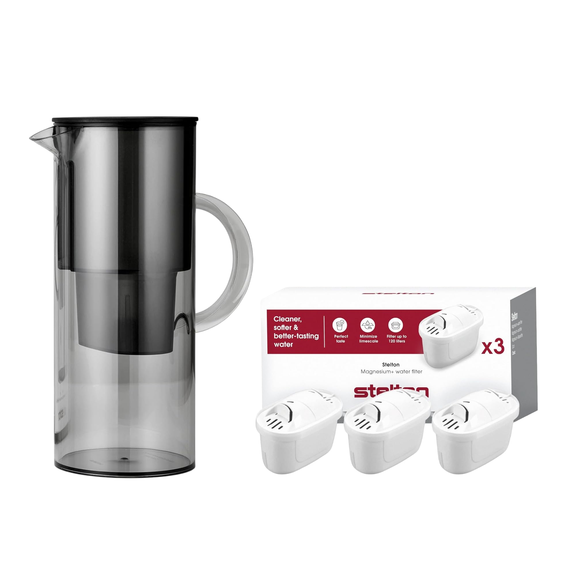 STELTON EM77 Wasserfilterkanne 2 L Smoke + Magnesium+ Wasserfilter 3er-Pack – Ersatzfilterkartuschen – Reduziert Chlor, Kalk & Verunreinigungen