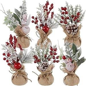 Winemana 6 pcs mini christmas tree table decorations 9 small artificial trees with red berries pine cone tabletop centerpiece for home office room holiday decorations  urban country home decor