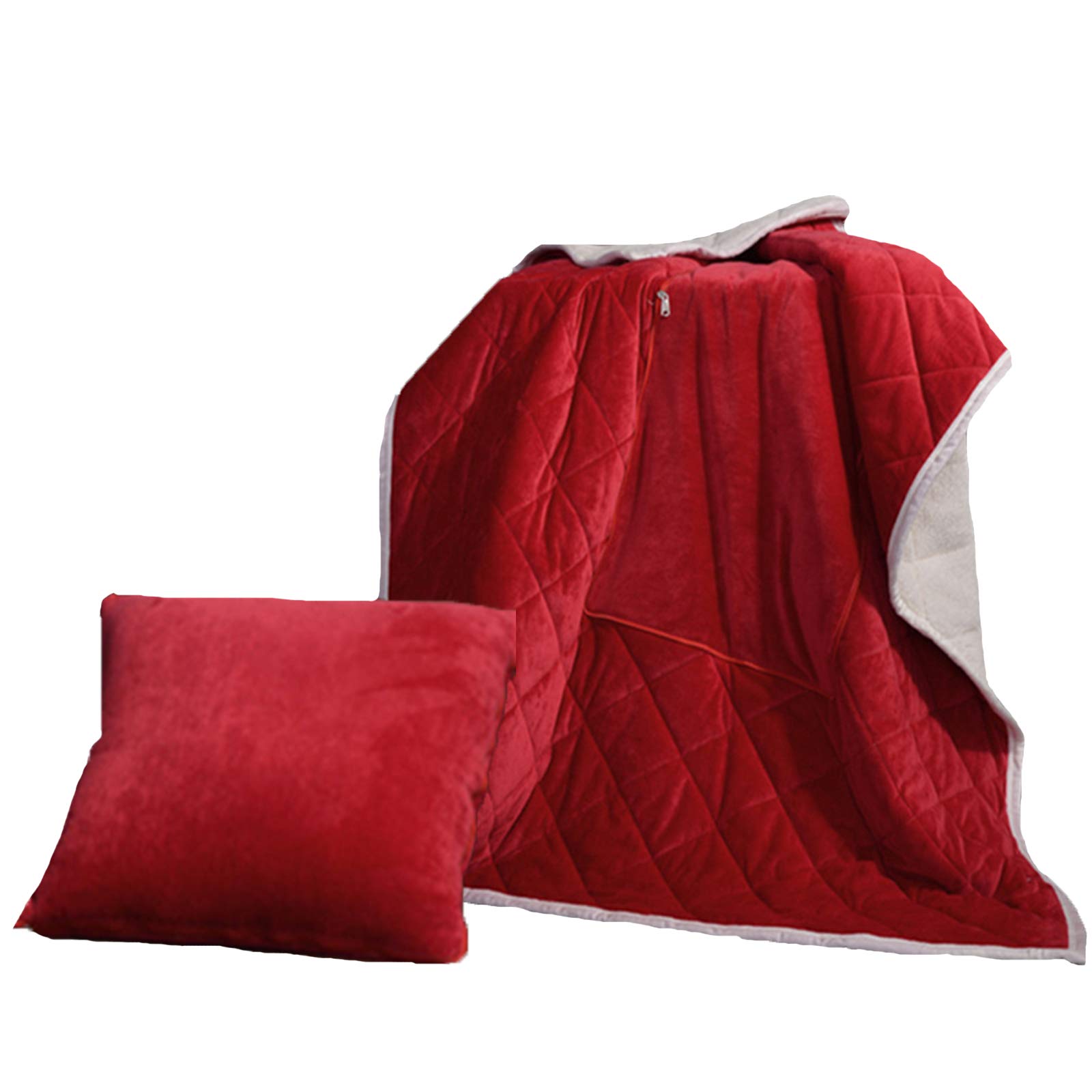TIANHAO Double Thicken AB Version Pillow Quilt, 2 in 1 Throw Blanket And Pillows, Crystal Lamb Velvet Travel Blanket, Home Decor Office Cushion for Camping/Car/Airplane 49''×62'',Red