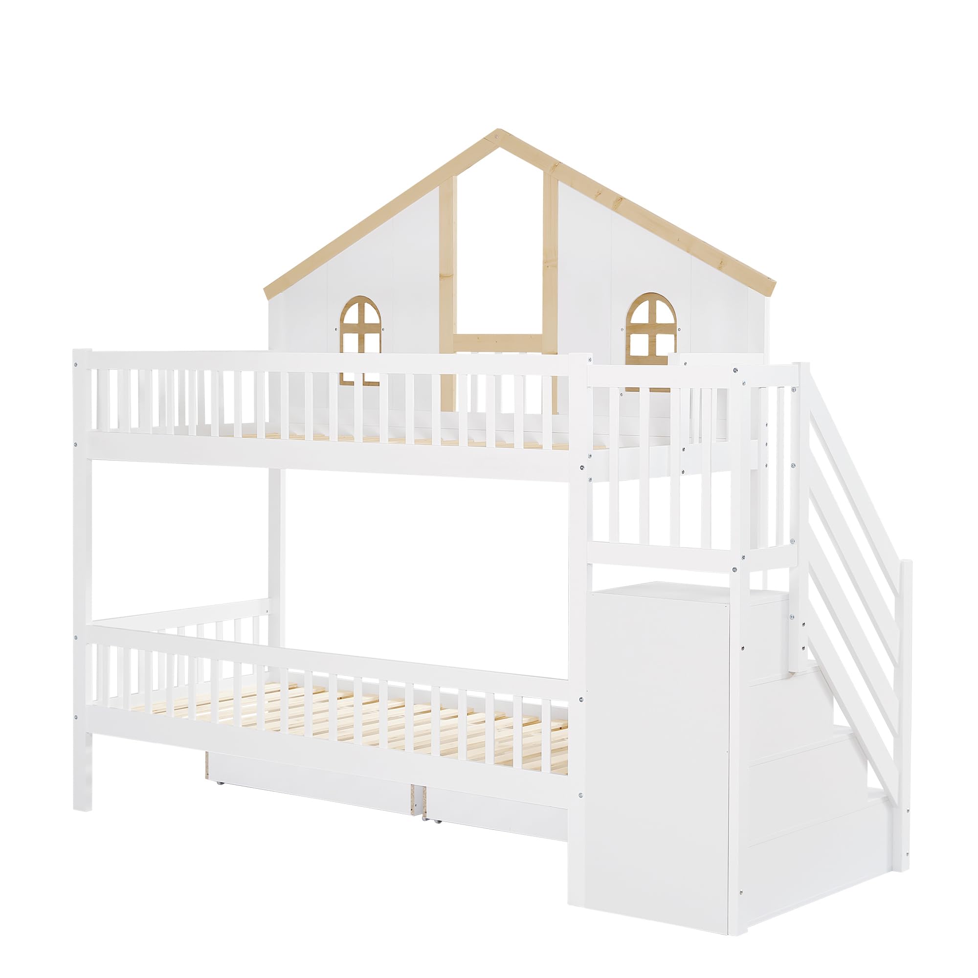 Wiuzo Lettino a castello, con rete anticaduta a contrasto con finestra, due cassetti con ruote, con scala inclinata a quattro livelli e cassetti, in pino+MDF, bianco e naturale, 90 x 200 cm