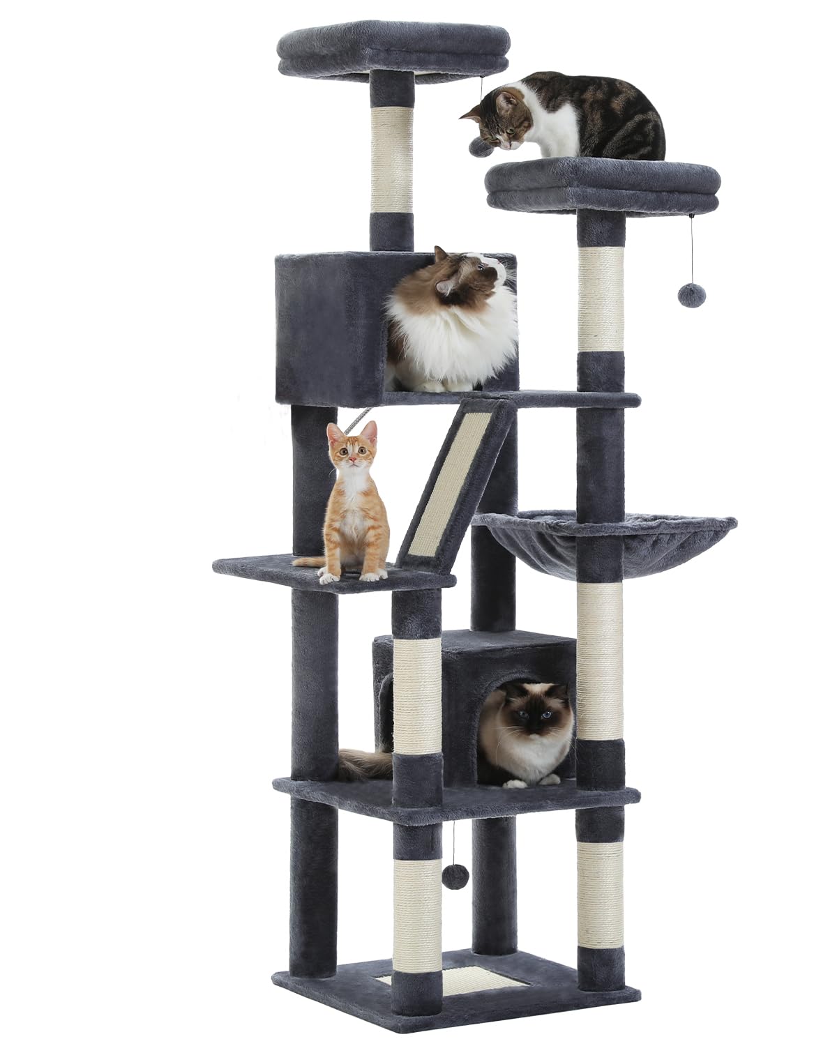 PEQULTI Large Cat Tree for Indoor Cats [70.9"=180cm], Tall Cat Tower for Large Cats, Multi-Level Plush Arbre à Chat with 6 Scratching Posts, 2 Condos, 2 Perches, Hammock, Pompoms, Dark Gray