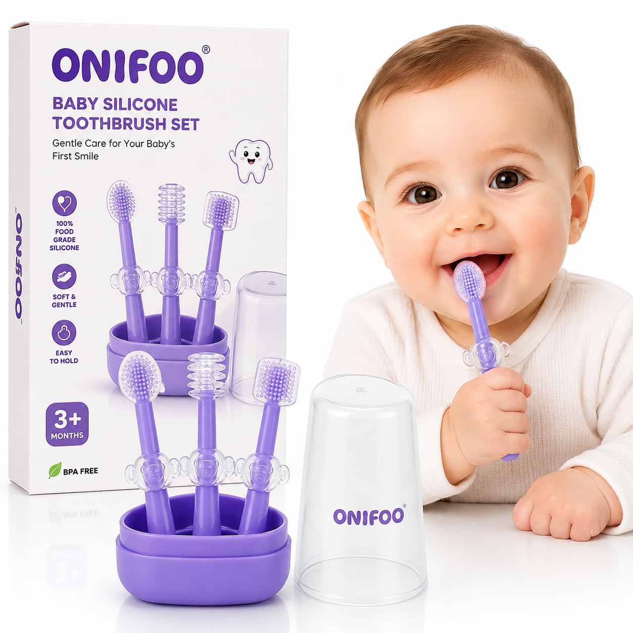 Tiny Smiles Pixie 3-in-1 Baby Toothbrush Set BPA-Free Silicone | Gum Massager, U-Shape & Toddler Brush with Travel Case (3Pcs) | Ultra Soft Teeth Cleaner for 0-18 M Babies (Purple)-picture-14