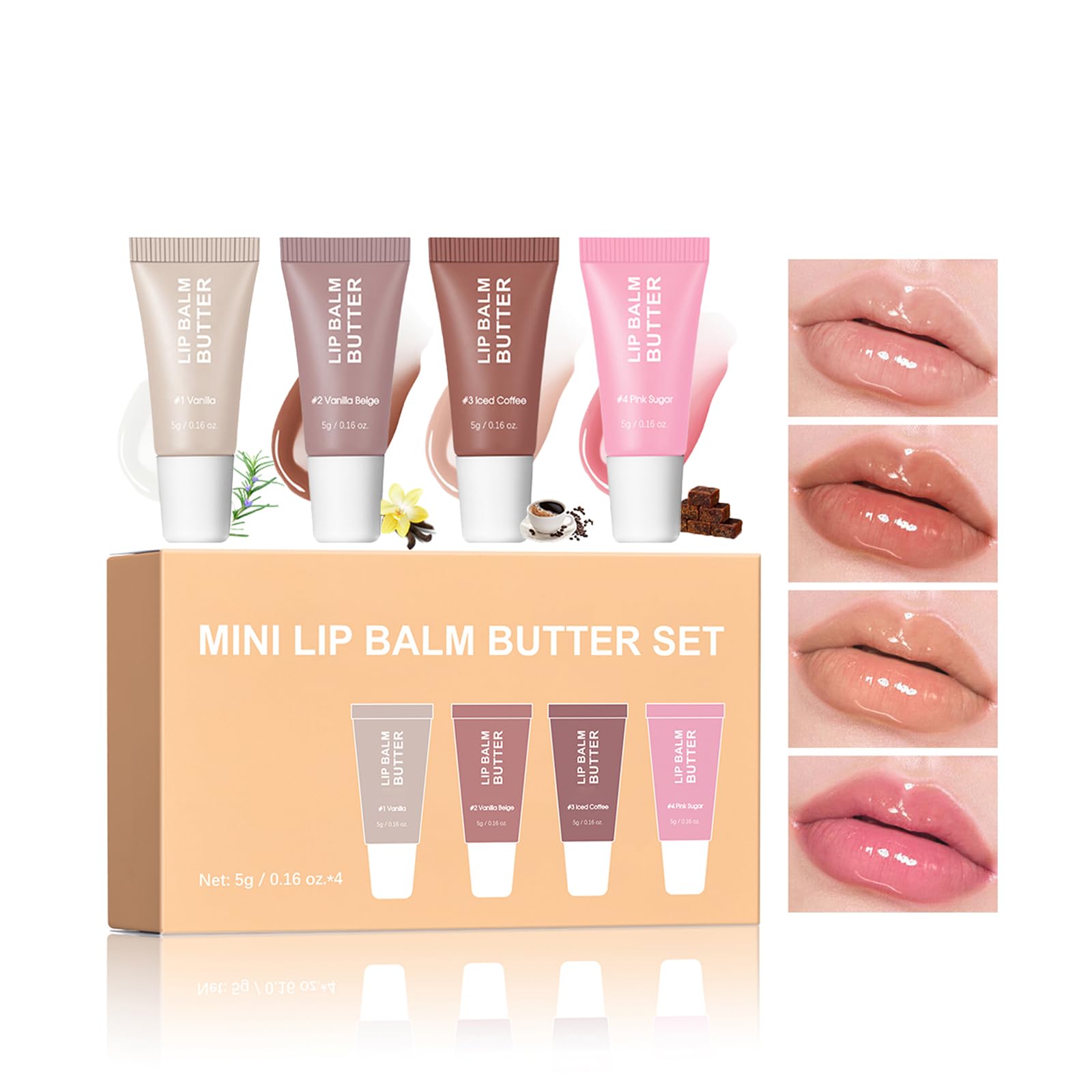 4Pcs Hydrating Lip Gloss Set, Mini Lip Balm Pack, High Shine Glass Finish Lip Moisturizing Plumping Lip Gloss Shiny Jelly Liquid Lipstick for Women