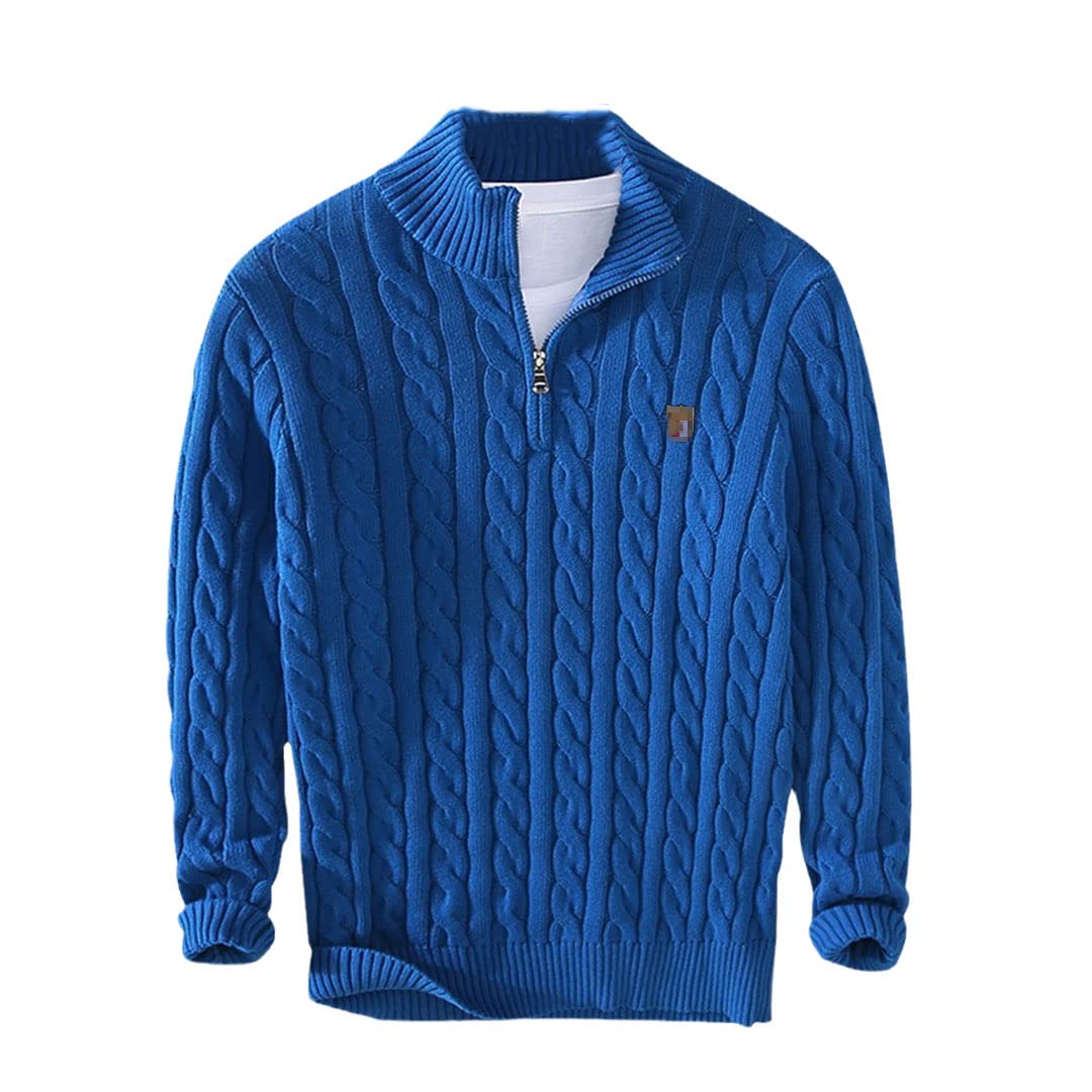 Pull tricoté de couleur unie pour homme - Col montant - Fermeture éclair basique, bleu, XL