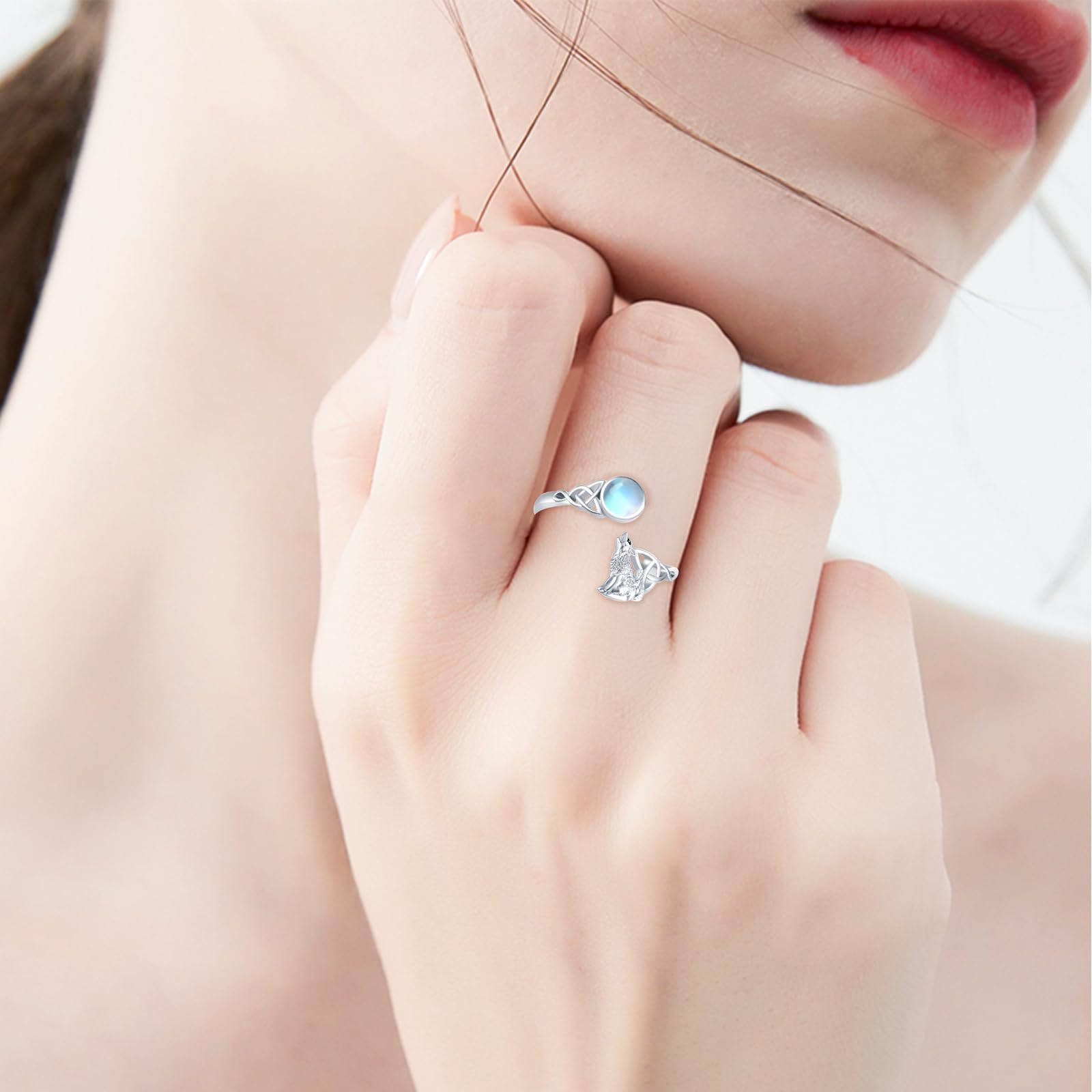 Wolfs 925 Sterling Silber Celtic Knot Mondstein Ring - Verstellbar, Tier-Design - Geschenk für Valentinstag, Schmuck für Damen