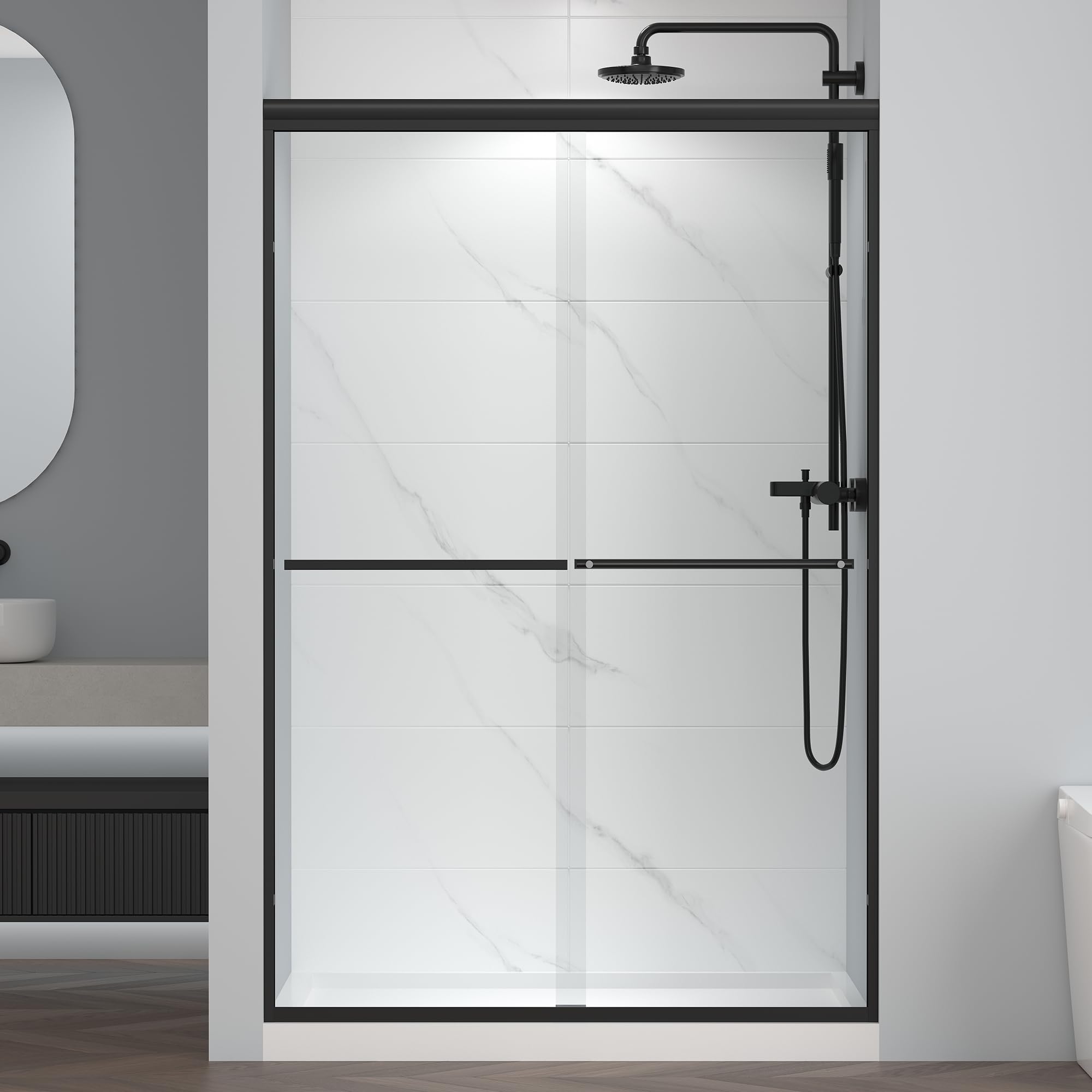 Enso Senka Double Sliding Glass Shower Door 44-48' W x 72' H, Matte Black