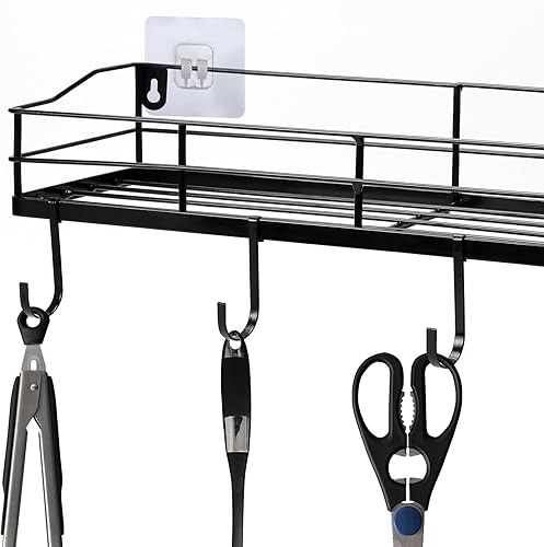 Miniatura 7 de Lyeasw Black Floating Shelves Wall Mounted with 8 Removable Hanging Hooks, 15-Inch Adhesive Shower Shelf Organizer for Bathroom Kitchen Storage