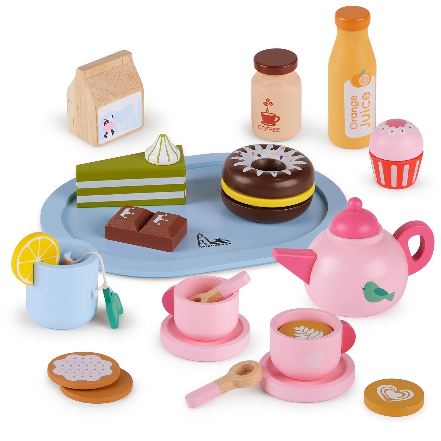RRIBOUDWAN Wooden Play Food Toys, Kids Kitchen Accessories Set With Ice Cream, Drinks, Cup, Teapot And Storage Bag, Tea Set Gifts for Girls on Birthday, Christmas, Halloween and Easter