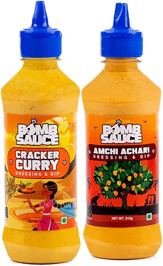 Bomb Foods Cracker Curry Dressing & Dip | Amchi Achari Dressing & Dip | Sauce | Uses as a Grilled Meats or Paneer or Toss into Salads,Sandwich Spread Kathi Rolls and salad | 310g each | Pack of 2