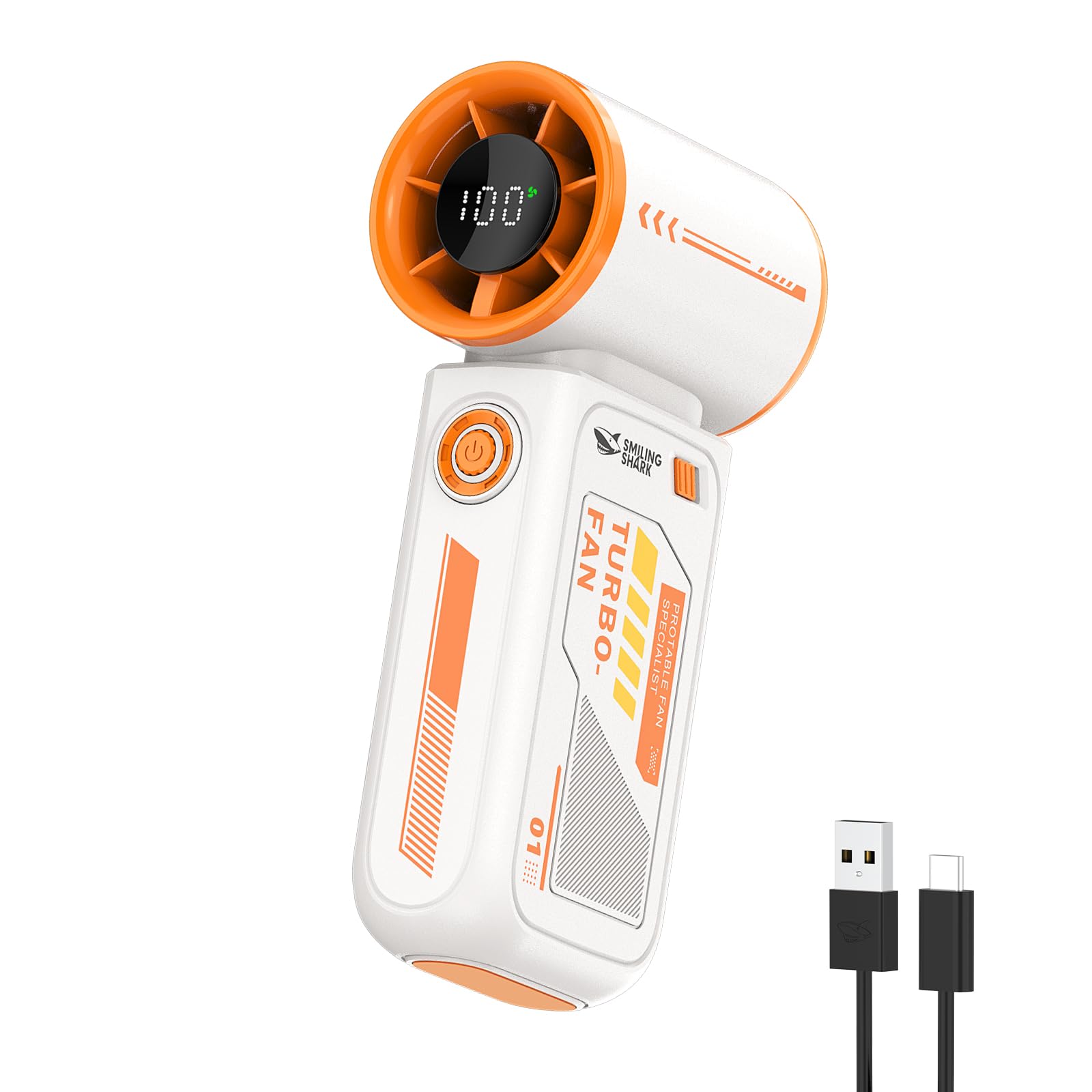 Smiling Shark TF-01 Turbo Ventilador de Mano, Turbo Power 10m/s Alta Velocidad Ajustable de 1-100 Mini Ventilador Portatil de Mano [Máximo 12H] con Pantalla Digital para Viajes/Conciertos/Exterior