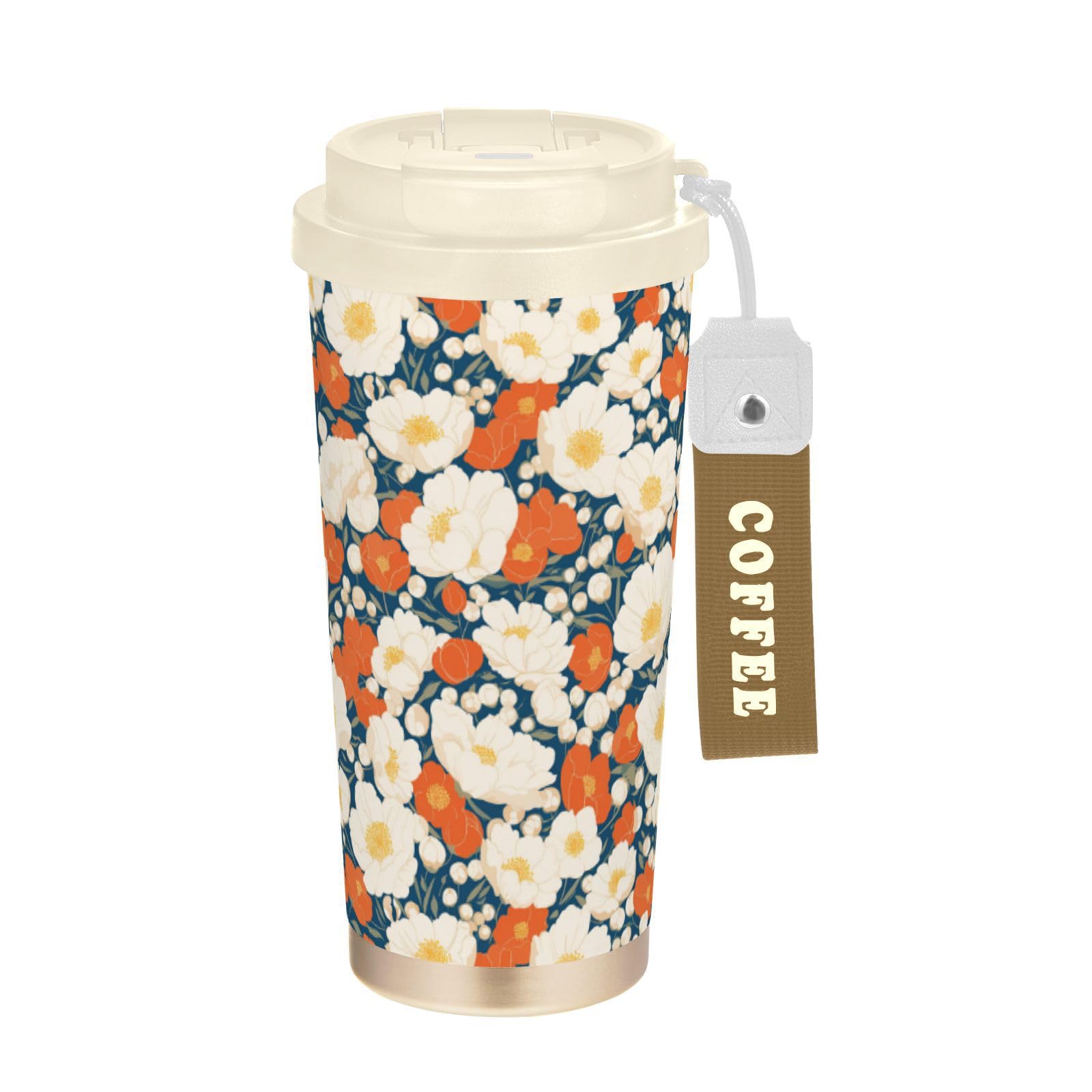 linqin Taza grande de café de viaje con diseño de flor roja, taza Togo con tapa, tazas térmicas de acero inoxidable para bebidas calientes y frías, 17 onzas, a prueba de fugas