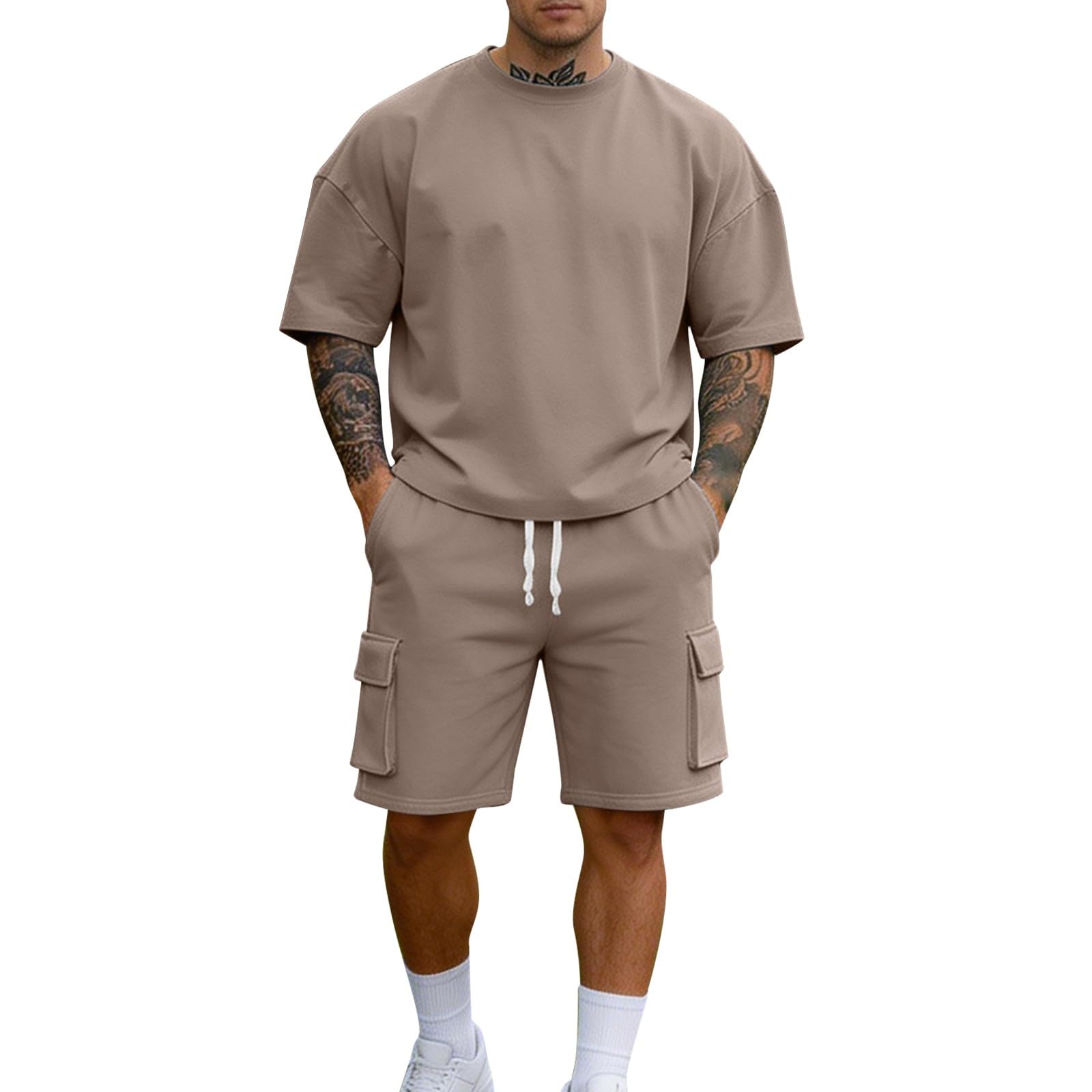 MJGkhiy Tuta Uomo Completa Estiva Corta,2 Pezzi Tute da Ginnastica T shirt Manica Corta +Pantaloncini Cargo Sportivi con Tasche Set Leggero Traspirante Streetwear per Trekking Jogging Palestra Fitness