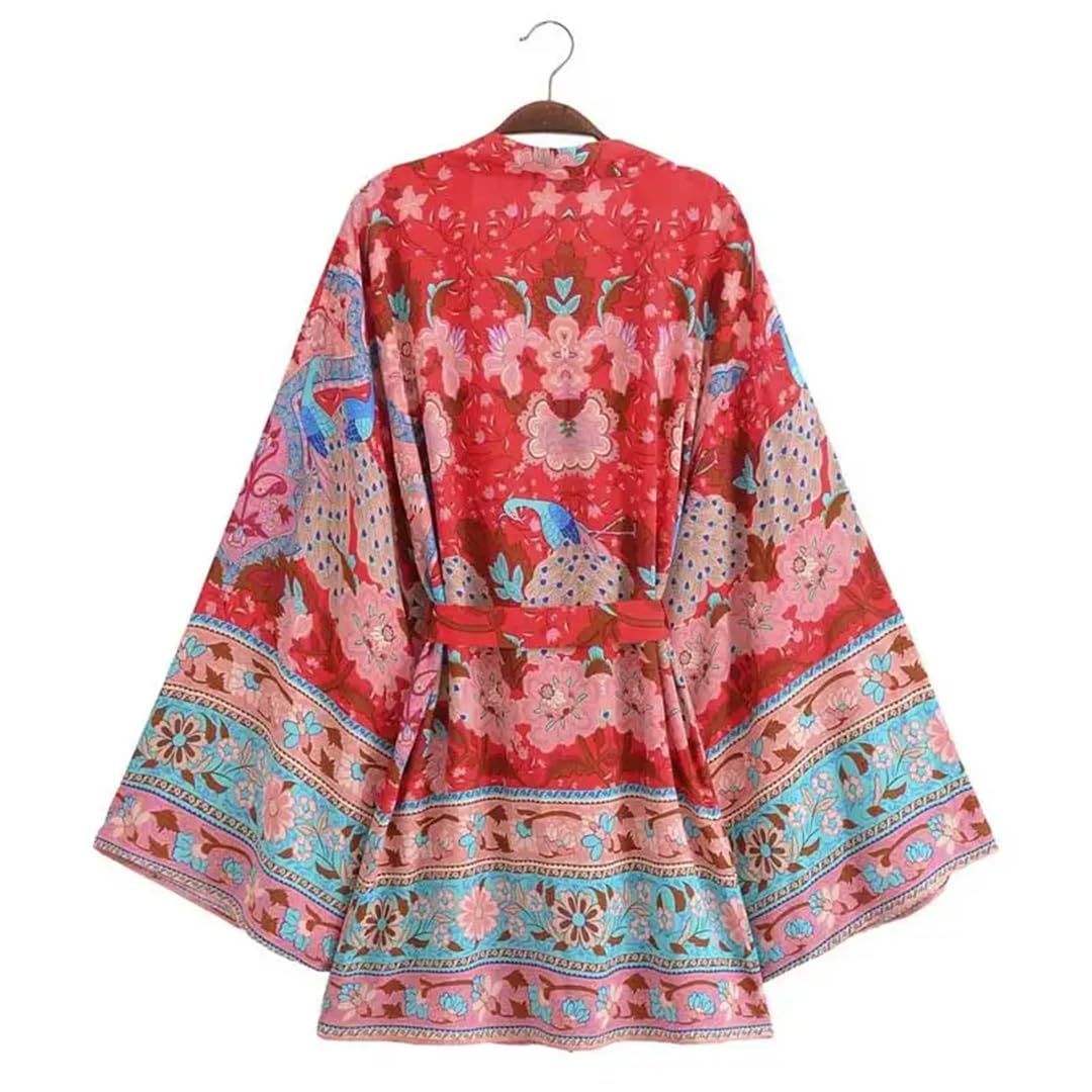 Copricostume da donna con stampa floreale rossa con cintura kimono abito tunica da spiaggia lungo kimono copertura da spiaggia
