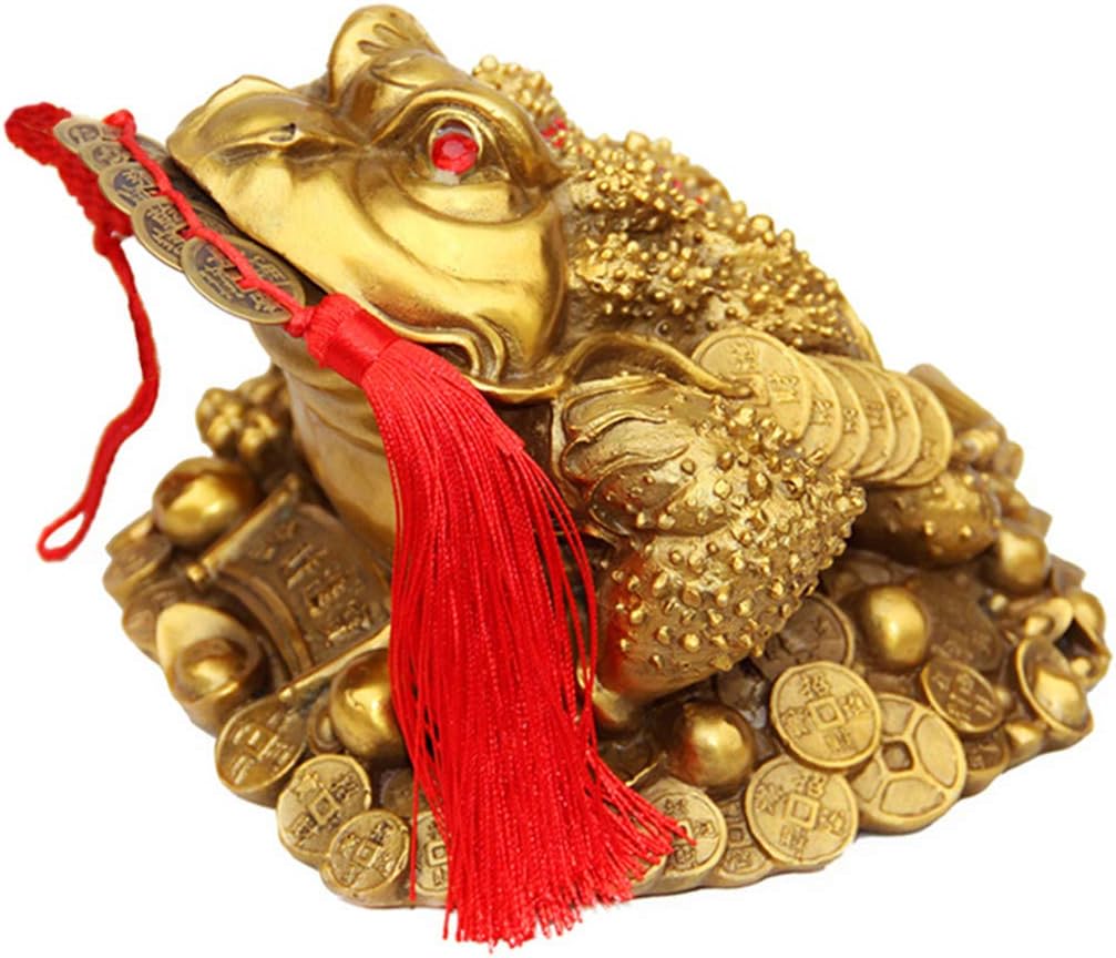 Briskfeel Brass Feng Shui Money Frog Three Legged Wealth Traditional Frog Money Toad Statue with Set of 5 Lucky Charm Ancient Coins on Red String Home Car Fengshui Decor (B1 Money Frog)