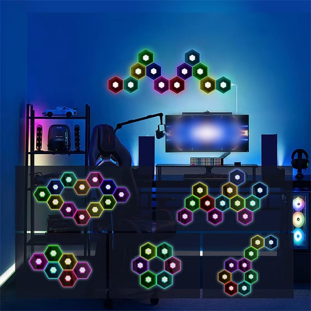Paneles LED hexagonales RGB para pared modular con música y 16 millones de ajustes de color para cualquier espacio interior (12 piezas)