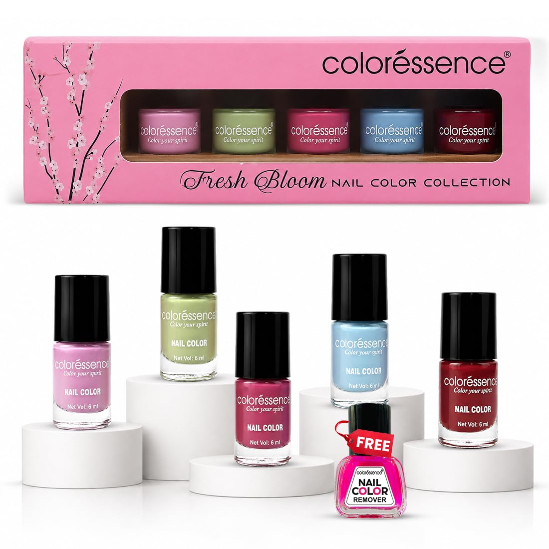 Coloressence Fresh Bloom Nail Paint Kit with Floral Shades | Free Nail Paint Remover | Chip Resistant and Quick Dry Nail Paints | Set of 5 Nail Paints & 1 Nail Paint Remover-image-20