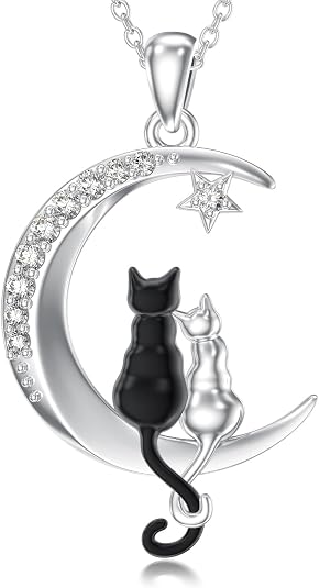 Diamond Cat Moon Necklace 925 Silver Pendant for Women