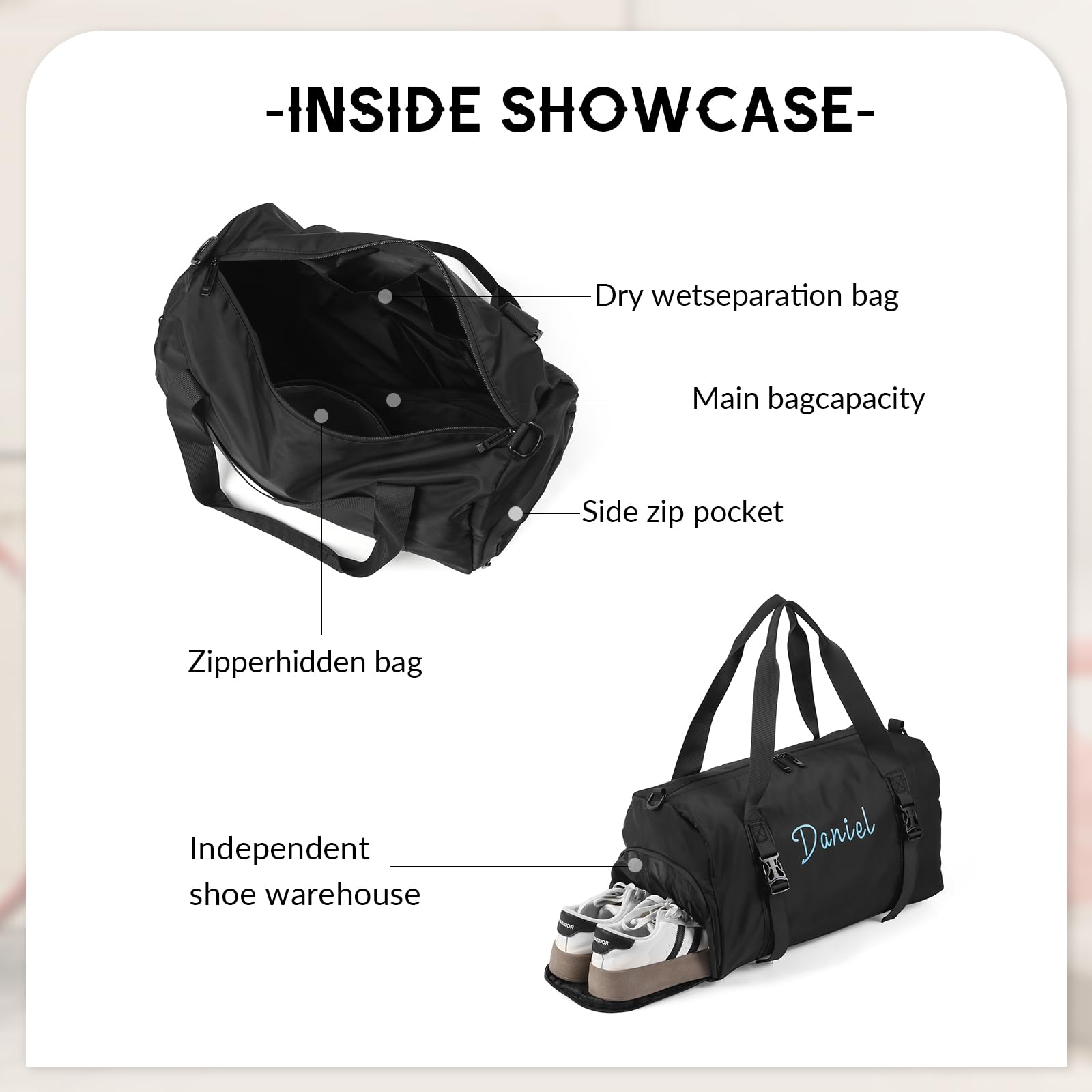 Borsa da Viaggio Personalizzata con Nome Borsa da Sportiva Yoga Grande Regali Personalizzati per Uomo Donne (nero)