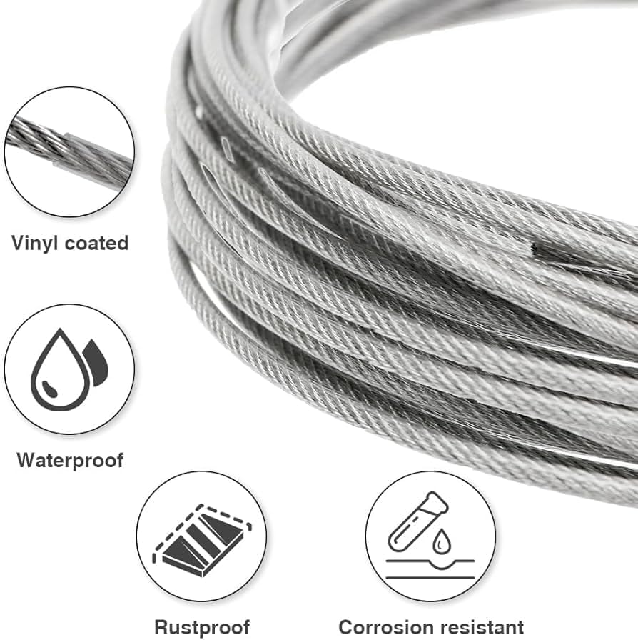 Image of KASHIVAL Heavy Duty Cloth Drying Rope Wire with Carabiner Hooks | PVC Coated Stainless Steel Cloth line for Laundry, Travel, Camping & Pet Utility Use | Rust Resistant Wire, Silver (5 Meter)
