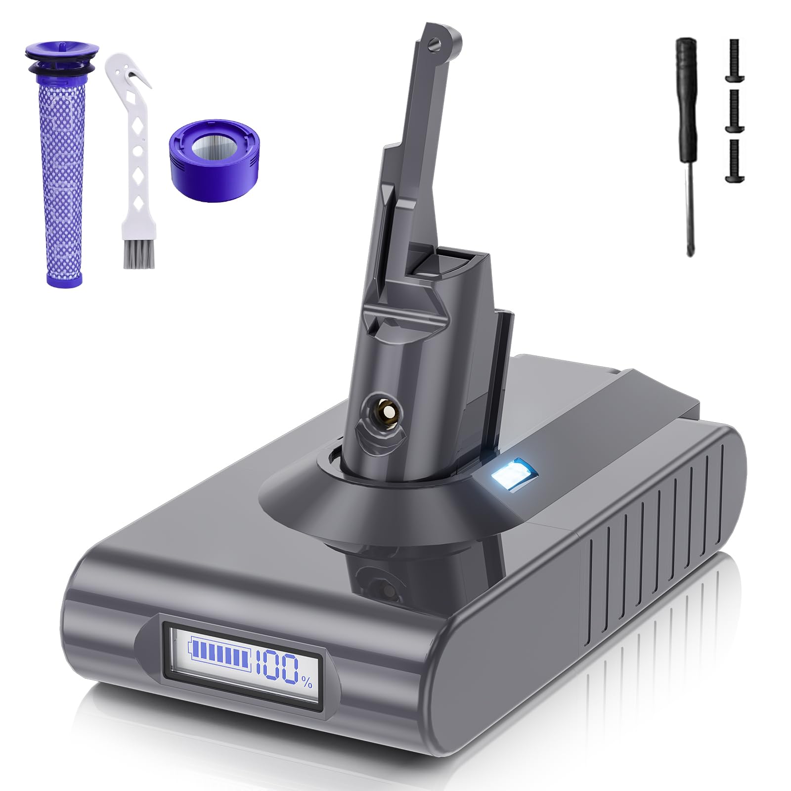 V8 Akku für Dyson 8000mAh Li-Ion Ersatzakku für Dyson V8 SV10 Animal Absolute Fluffy Motorhead Total Clean Staubsauger mit LCD-Batterieanzeige (2 Filter+1 Schraubendreher+3 Schrauben+1 Bürste)