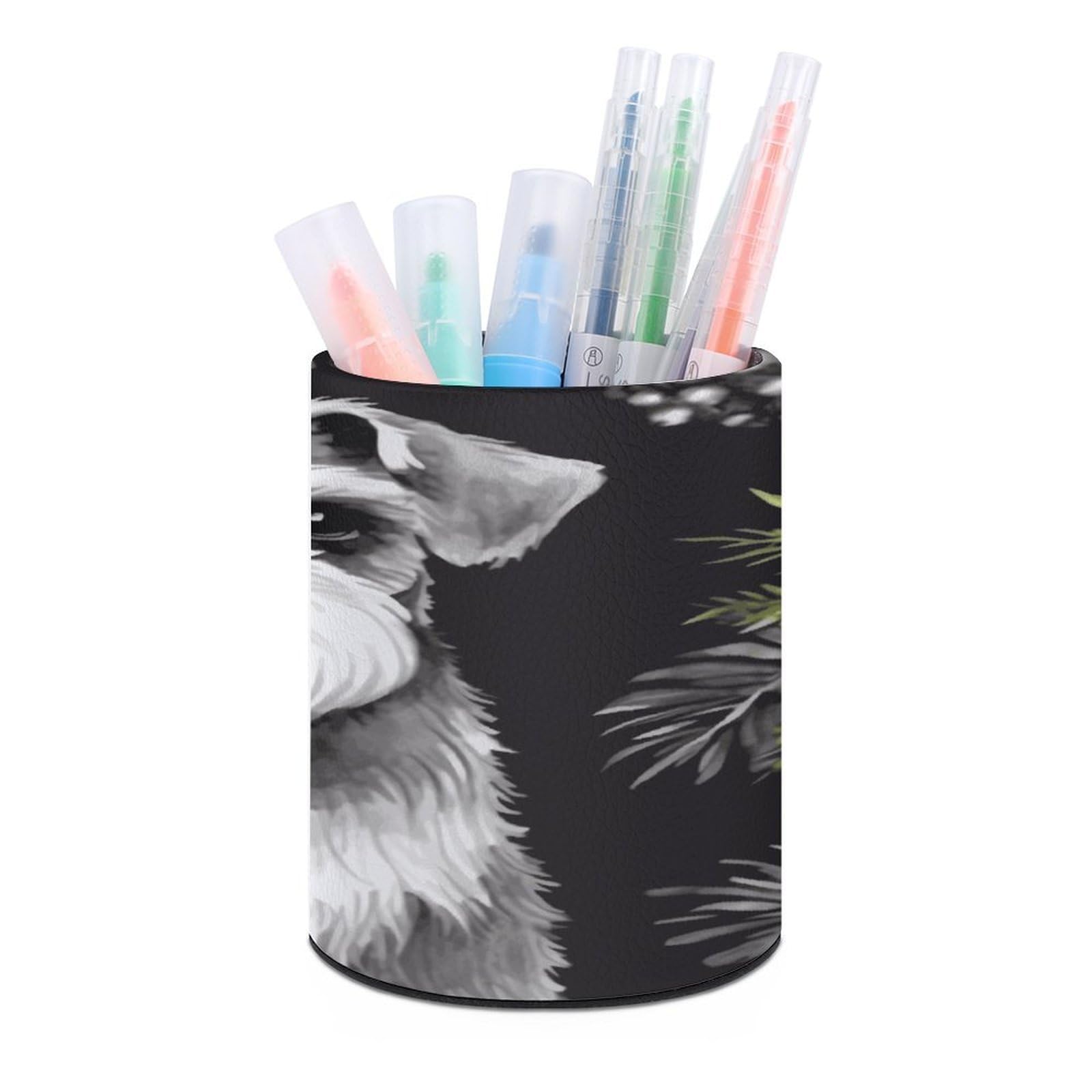FekiLoot Round Leather Pen Holder - Multipurpose Desk Organizer, Modern Pencil Cup, Schnauzer Pencil Holder, Unique Makeup Brush Holders for Office Home Supplies & Gifts