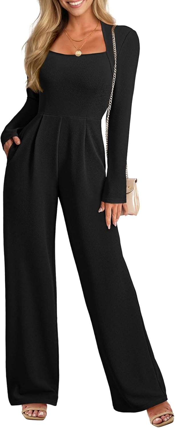 Pink Queen Jumpsuits for Women Dressy Scoop Neck Long Sleeve Wide Leg Romper One Piece Trendy Outfits