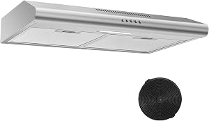 Under Cabinet Range Hood 30 inch, Stainless Steel Kitchen Hood with 280 CFM, Button Controls, Stove hood with Carbon Filter, Ducted/Ductless Convertible, 2 Pcs Aluminum Filters