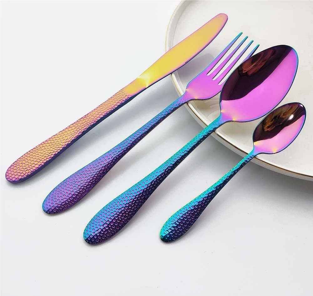 OLSKFUH Cutlery Flatware Cutlery Set, Stainless Steel Water Ripple Snakeskin Handle Tableware Creative Tableware Tea Spoon Cake Fork,Rainbow-1Set