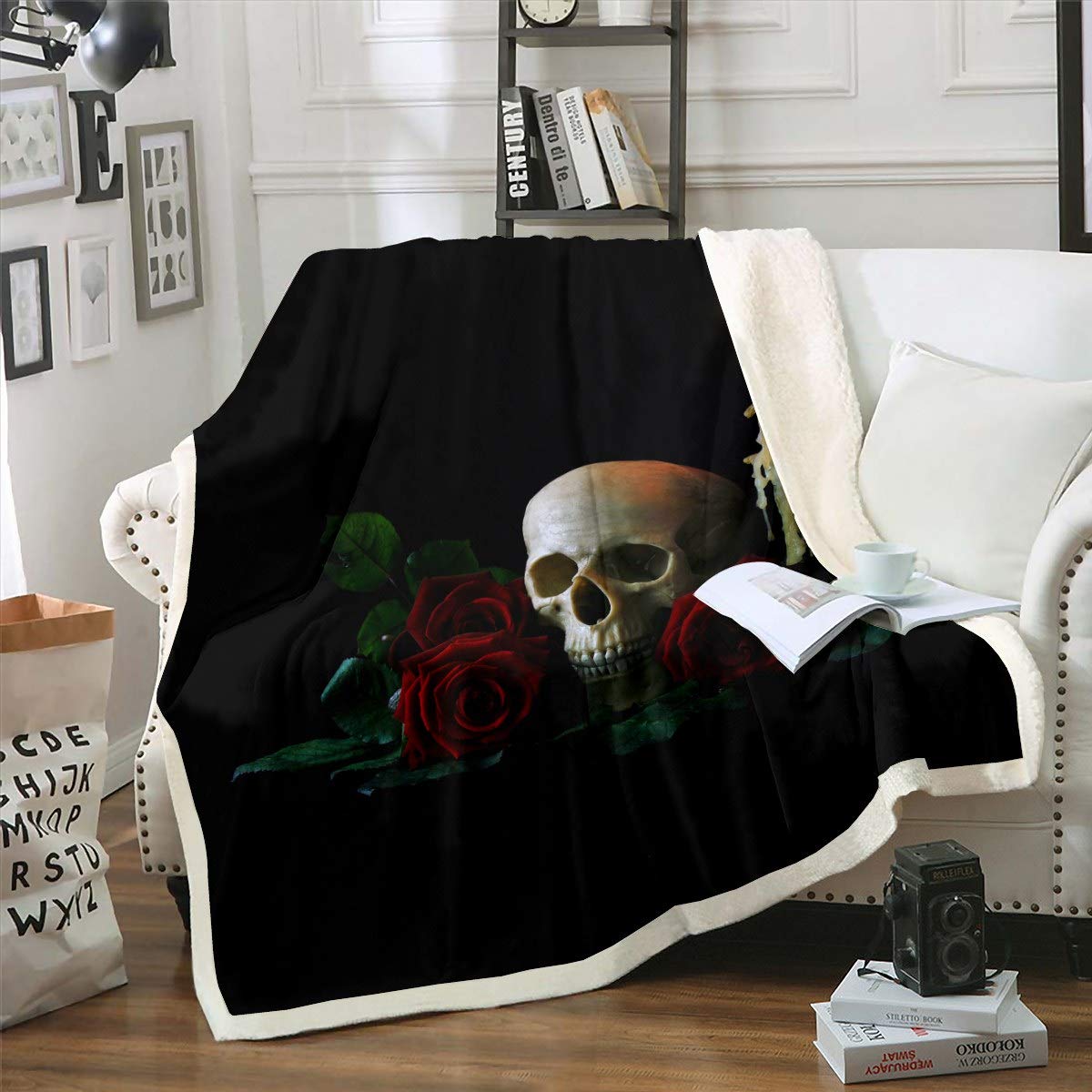 Loussiesd Rose Skull Fleece Throw Blanket - Halloween Themed Sherpa Plush Fuzzy Blanket for Sofa Couch Bed - Adult Skull Pattern - 50"x60"