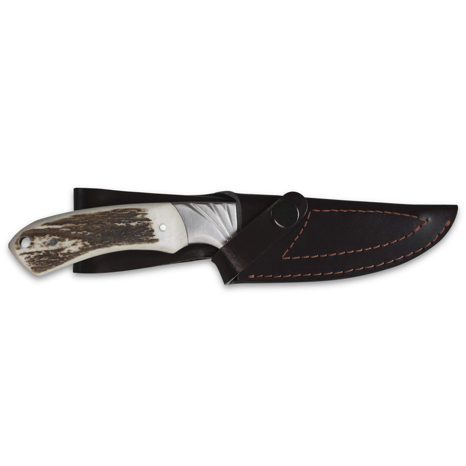 iFIELD Cuchillo de caza deportivo Camper EL29019, hoja 10,8 cms, grosor 3,8 mm, total 22,8 cm, mango de ciervo, con funda de piel, herramienta de camping para pesca, caza, actividad deportiva