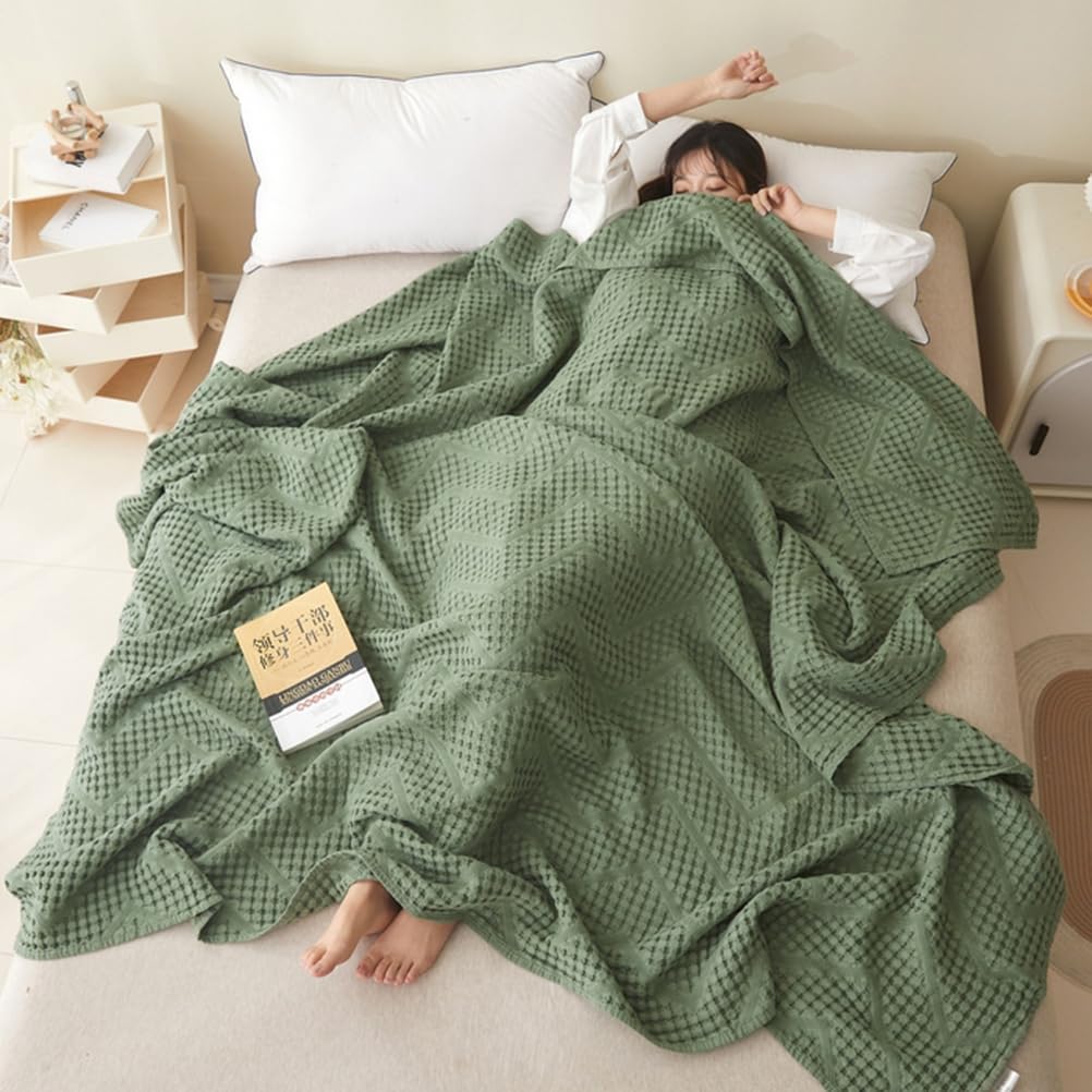 Manta de algodón Tipo gofre para Halloween, Manta de Punto gofre - Manta de algodón Tejida Ligera, Transpirable y Suave para Cama y sofá, Verde, 178 x 203 cm