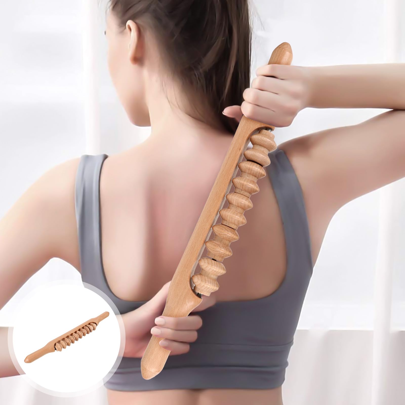 Tofficu Rullo Massaggiatore in Legno 43 Cm per Muscoli, Bastone da Massaggio Manuale Multifunzionale per Collo, Spalle e Pancia, Strumento Leggero per Relax e Benessere Corporeo