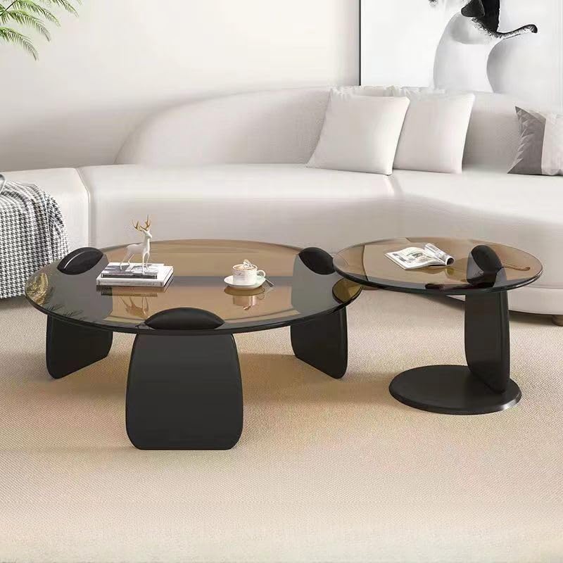 LITFAD Side Table Simplistic Circular Wood Base Coffee Table Modern Glass Top Living Room Table Home Decoration Tea Table for Home Homestay Hotel, 20" L x 20" W x 15" H, Gray Glass, Walnut Table Base
