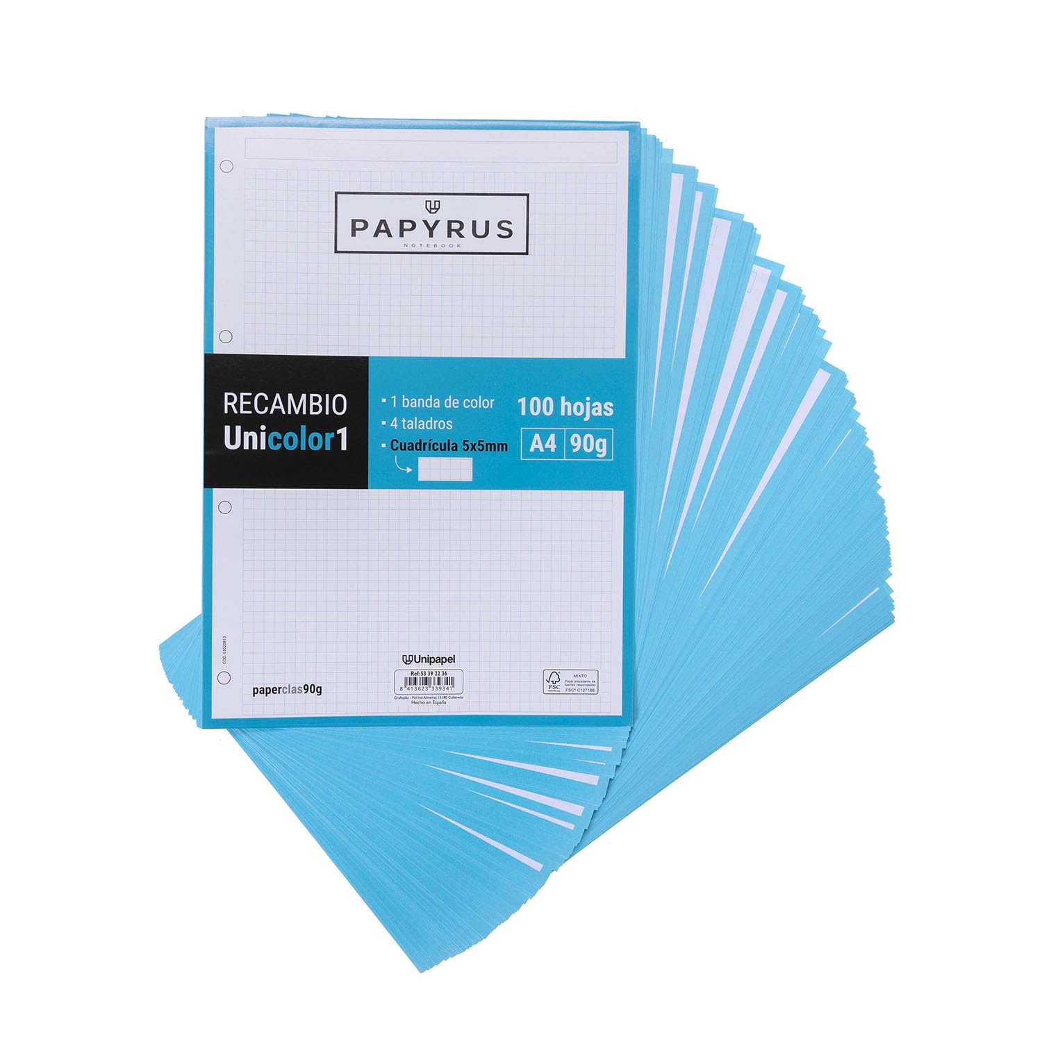 Unipapel 53392236 Refills 100 Sheets A4, 5 x 5, Turquoise Band, PaperClas90g, Papyrus - Plain 1