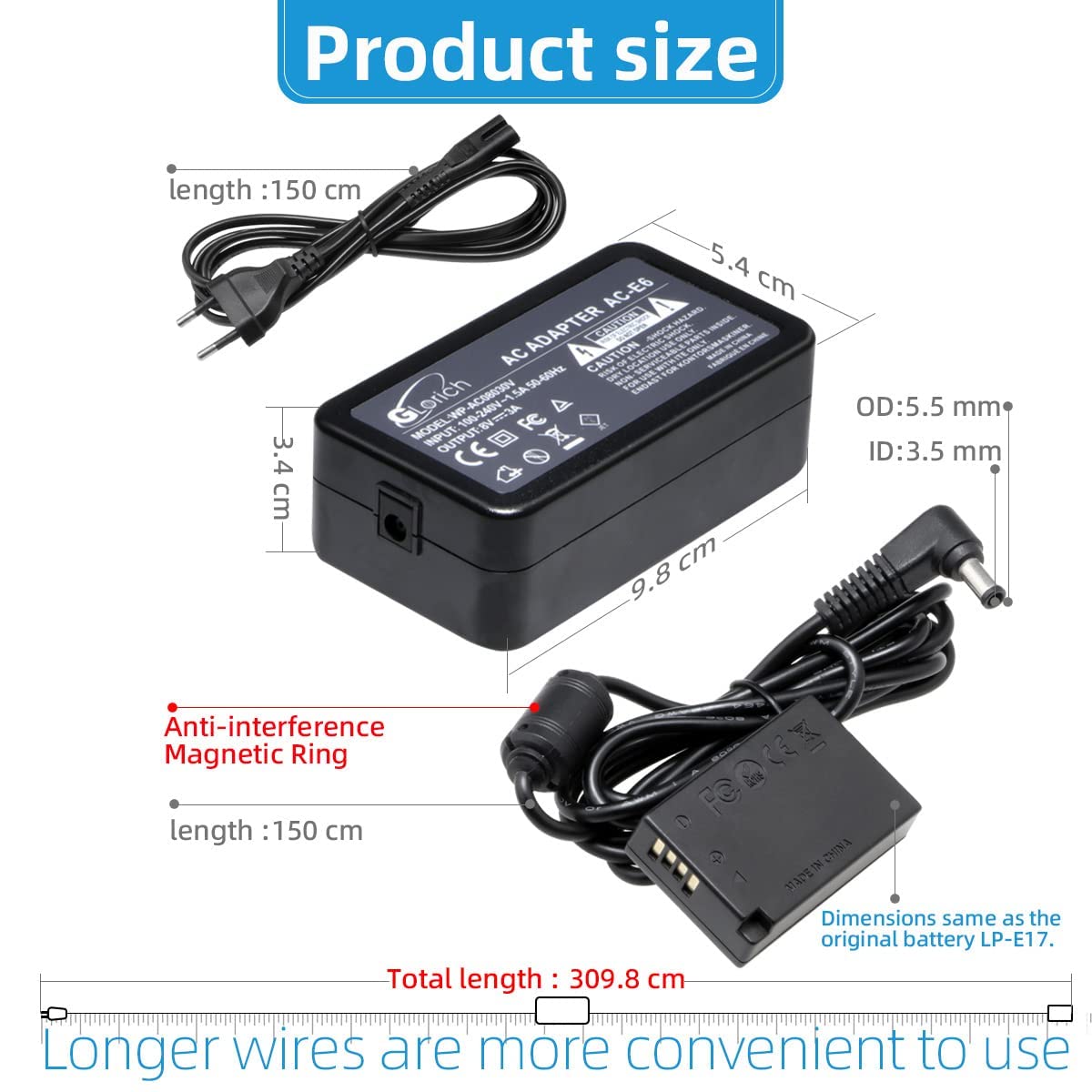 Glorich ACK-E18 Adaptador de alimentación de CA DR-E18 Acoplador de Corriente alterna para cámara Digital Canon EOS 200D 750D 760D 800D 850D RP Rebel SL2 SL3 T6i T6s T7i T8i 77D(Full-Decoded)