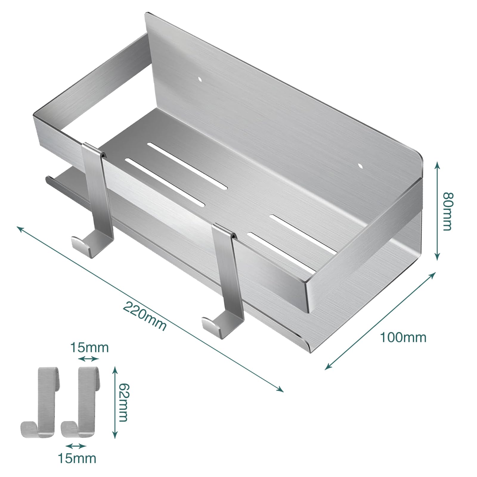 QNIIAED Shower Caddy,Bathroom Shelf Wall Mounted SUS 304 Stainless Steel Heavy Duty Shower Shelf With 2 pcs Hooks (Brushed Silver 8.7 Inch) - Image 2