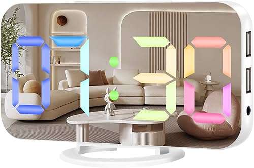 Reloj despertador digital, pantalla grande LED y espejo de escritorio con puertos de carga USB duales, 3 niveles de brillo, reloj despertador de