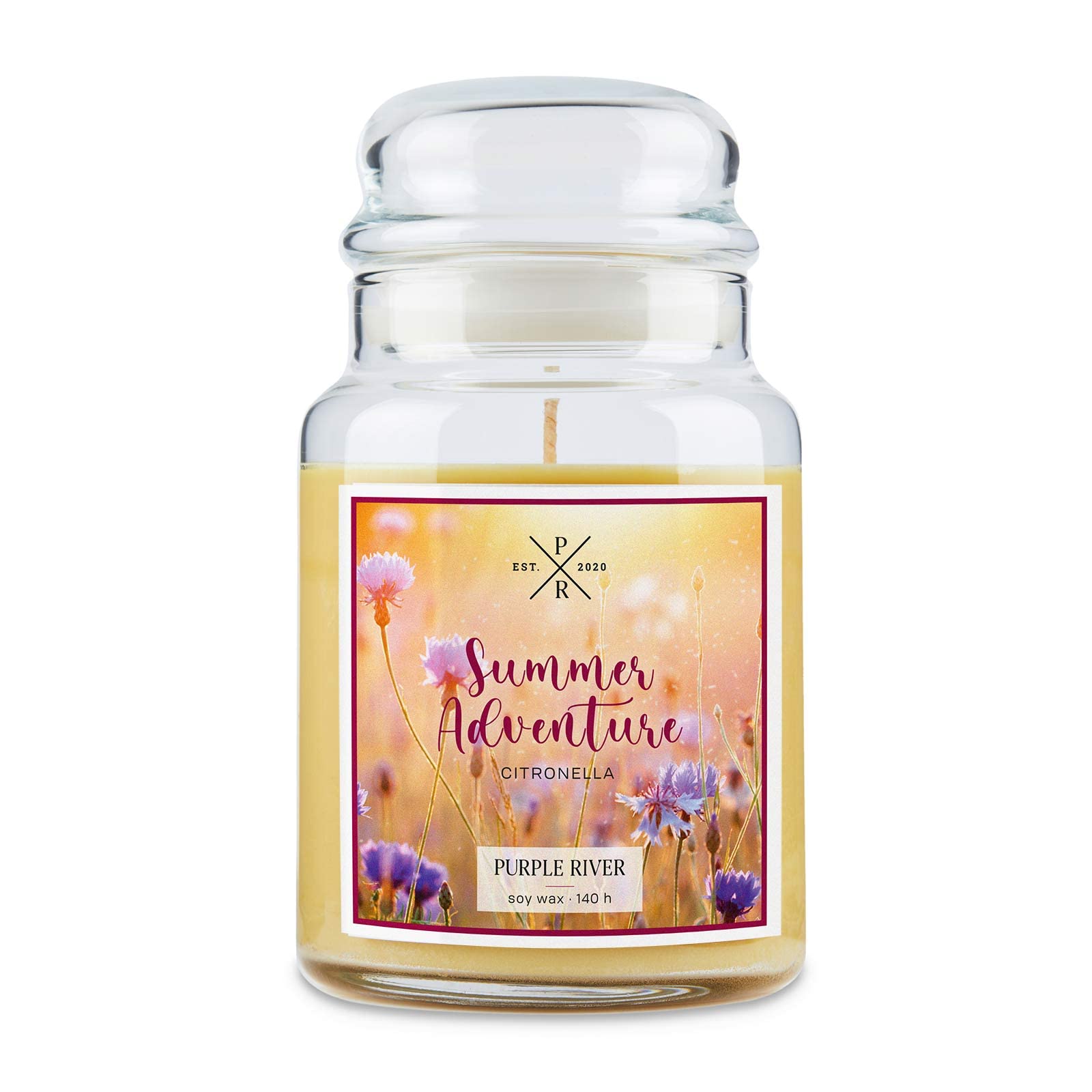 Purple River świeca zapachowa w słoiku z pokrywką – Citronella (623 g) – pachnący letni zapach do Twojego domu – świeca zapachowa o czasie palenia do 140 godzin, 100% wosku sojowego