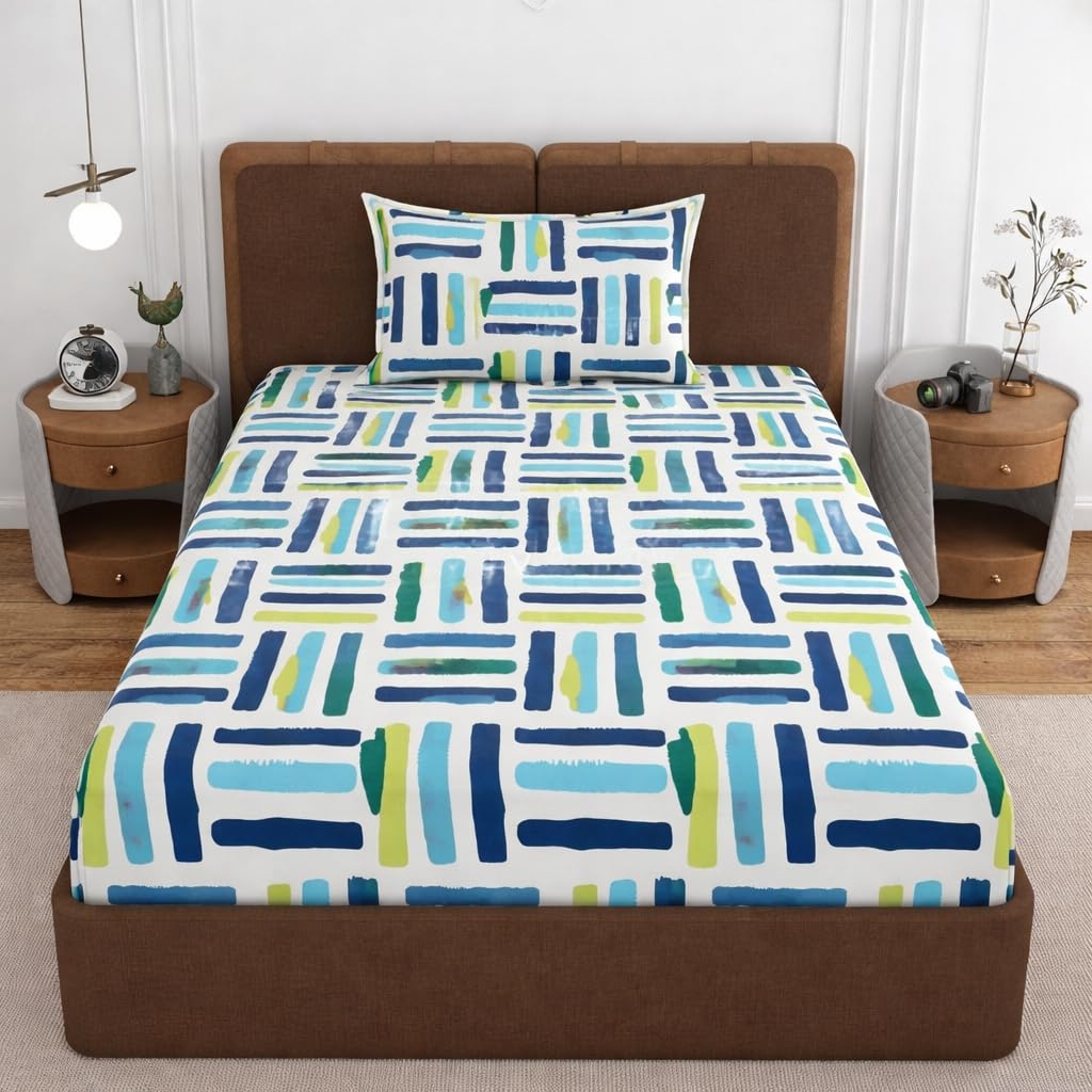 VOMZER Premium 320 TC Fitted Bed Sheet with Full Elastic - Deep Pocket Design - Wrinkle Resistant Fitted Bedsheet 36x72 Single Brush N Lines