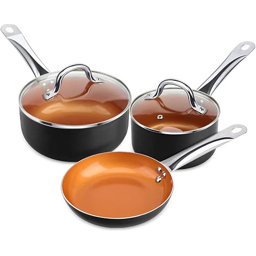 SHINEURI 5 Pieces Copper Cookware Copper Pans and Pots Nonstick Pots and Pans Copper Nonstick Cookware, Ceramic Pot and Pans, Copper Pots - 8 inch Frying Pan, 1.5 qt Pot and 2.5 qt Pot with lid