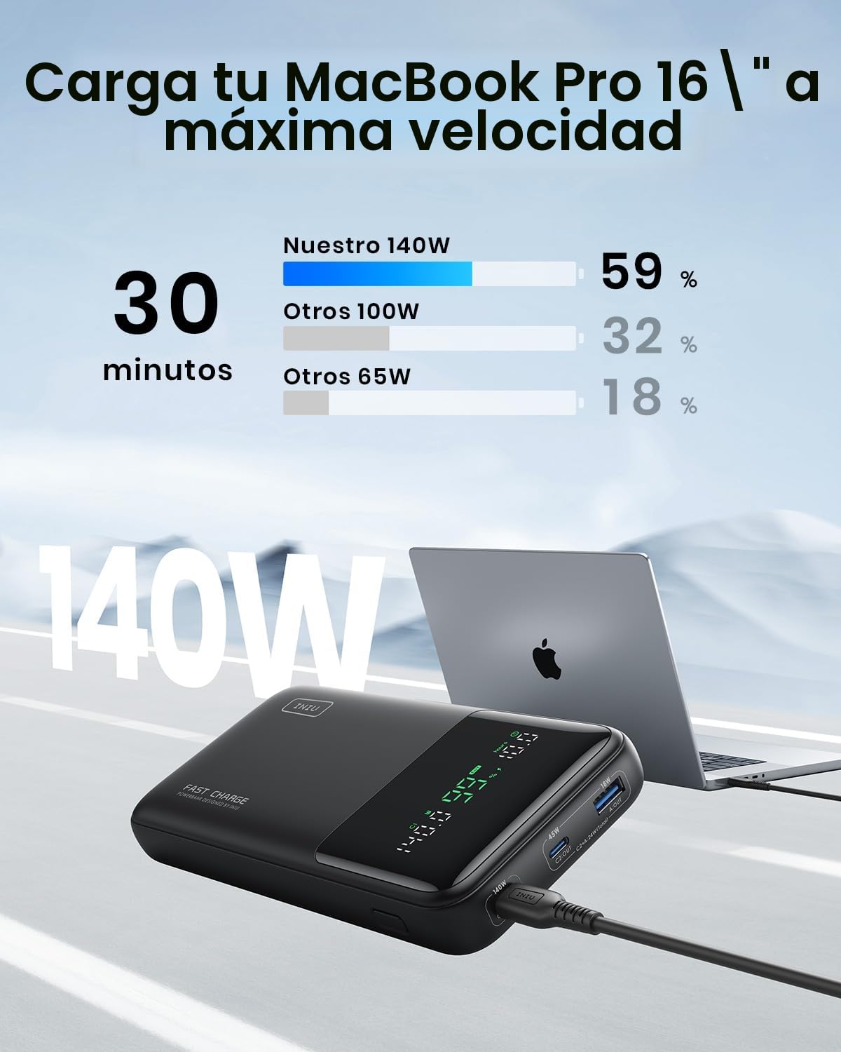 INIU Power Bank 27000mAh 140W, Batería Externa Portátil con Cable USB C Incorporado y Pantalla Digital, 3 Puertos Carga Rápida Powerbank para Laptop MacBook iPhone Steam Deck iPad Samsung