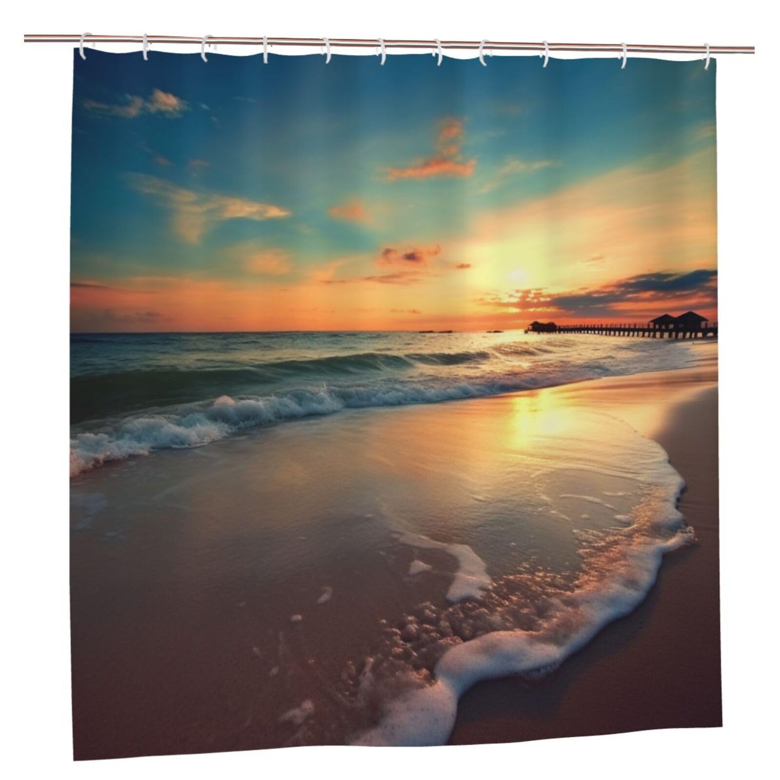 BWWHCCTI Sunset Beach Printed Shower Curtain With 12 Plastic Hooks Opaque Quick Drying Waterproof Shower Curtains Sets For Bathroom 183x183 CM