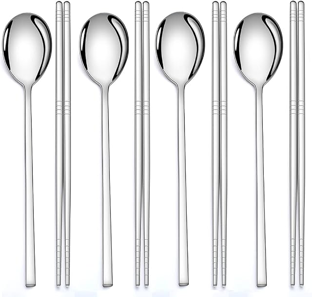 AOOSY 4 Pairs Chopsticks and 4 Spoons Set Korean Stainless Steel Chopsticks Spoons, Kitchen Reusable Metal Flat Long Handle Chopstick Spoon Set for Home, Kitchen or Restaurant