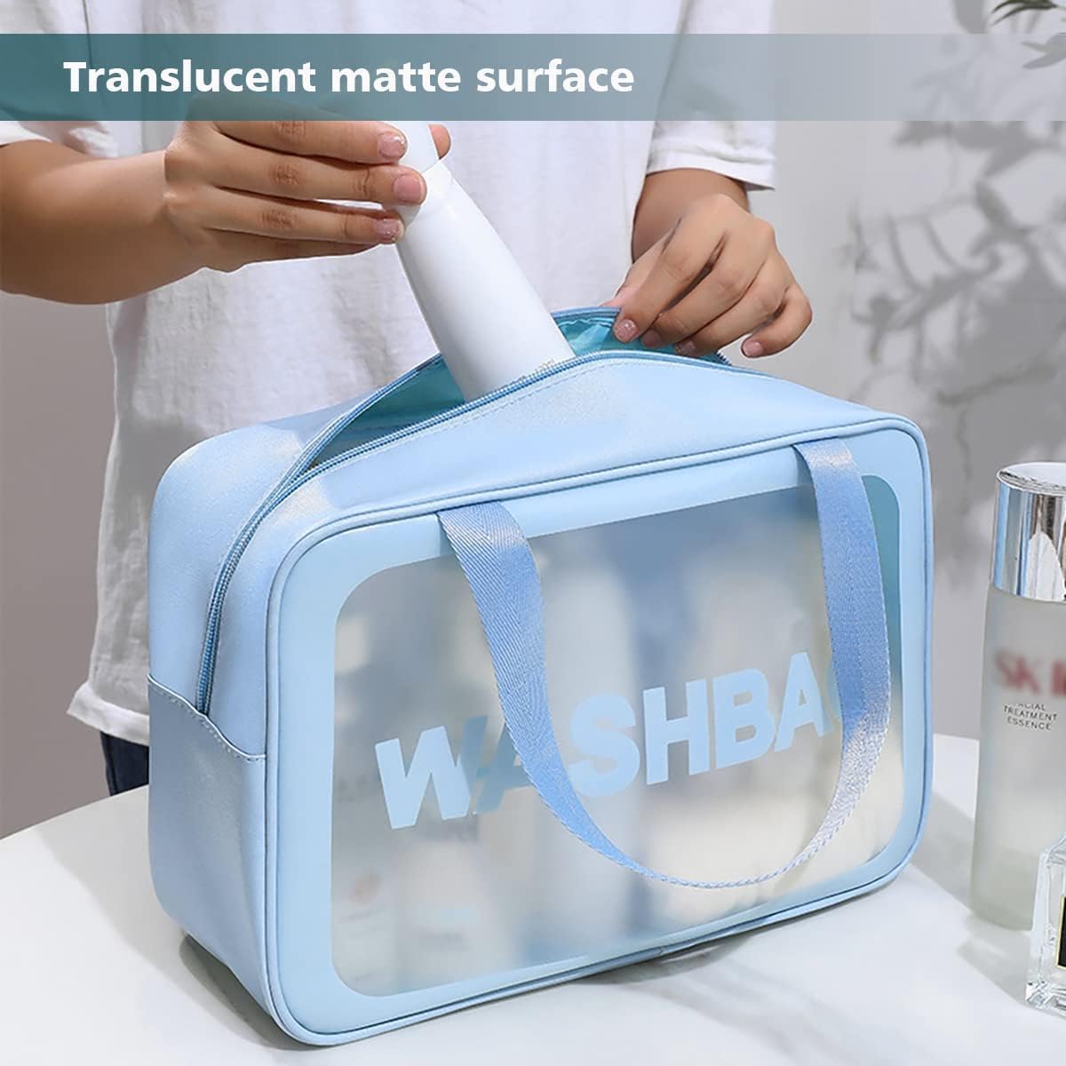 3 Pcs Waterproof Makeup Pouch Set for Women, Travel Wash Bags, Transparent Vanity Toiletry Kit, Cosmetic Organizer & Skincare Holder (Blue) - Image 5 thumbnail