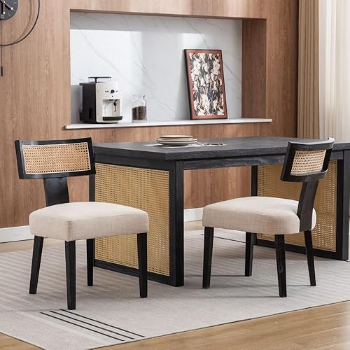 Wahson Juego de 2 sillas de cocina y comedor con respaldo de bastón silla de comedor tapizada de lino retro con patas de madera dura color beige
